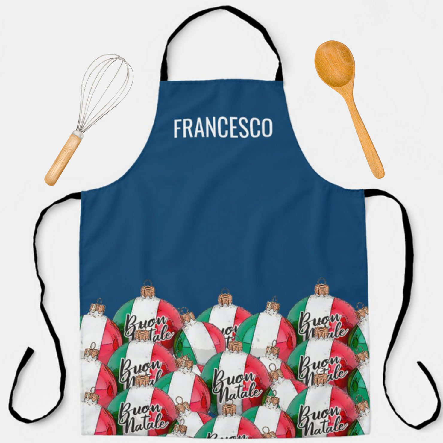 Personalized blue apron with bottom border of Buon Natale Italian flag Christmas ornaments pattern. Italian heritage Christmas gift for her, gift for him, holiday cooking apron, Christmas gift for mom, Christmas gift for dad, gift for nonna, gift for nonno.