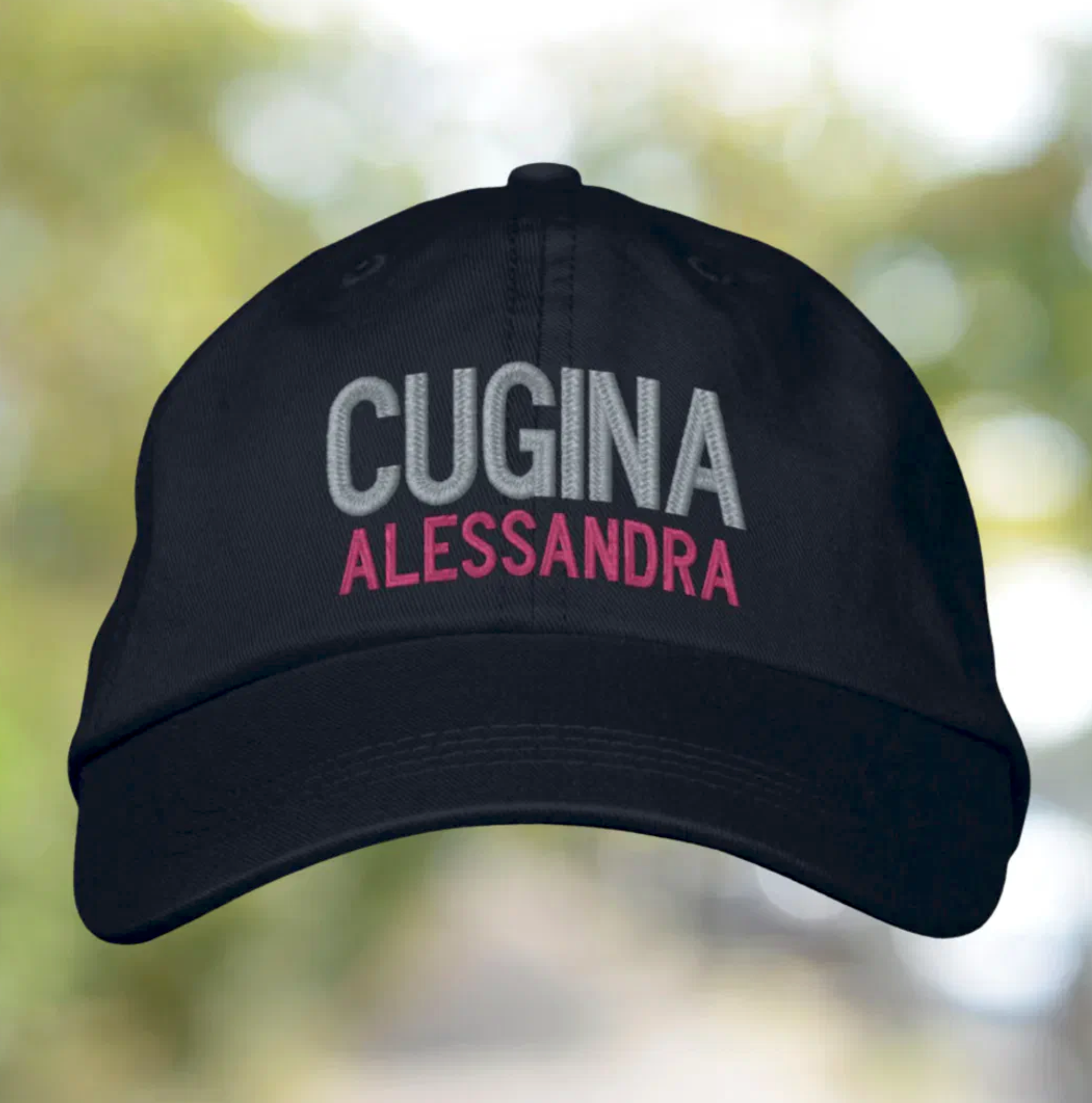 Personalized embroidered Cugina Hat Italian heritage gift for female cousin.