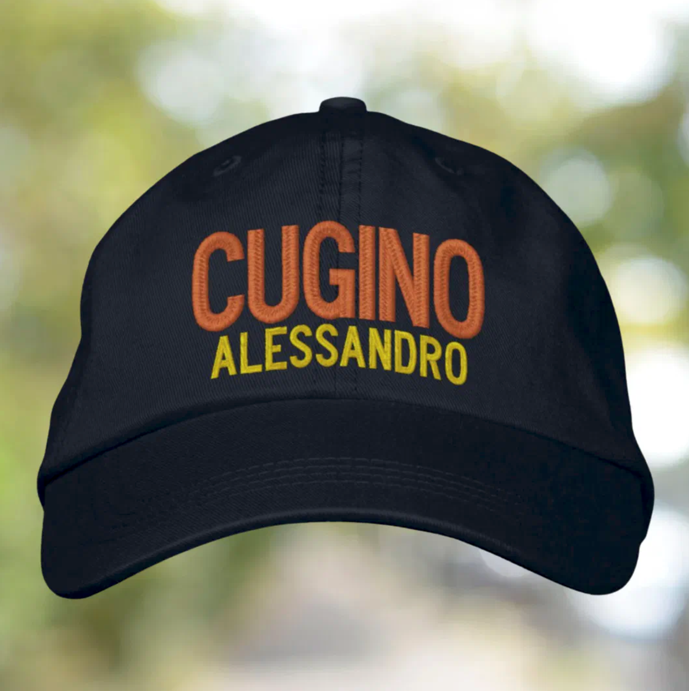 Embroidered cap with 'Cugino' (Cousin) and personalized name or text. Italian heritage accessory, gift for him, custom headwear, family gift, birthday gift, Christmas gift, and personalized cap for Italian cousin pride.