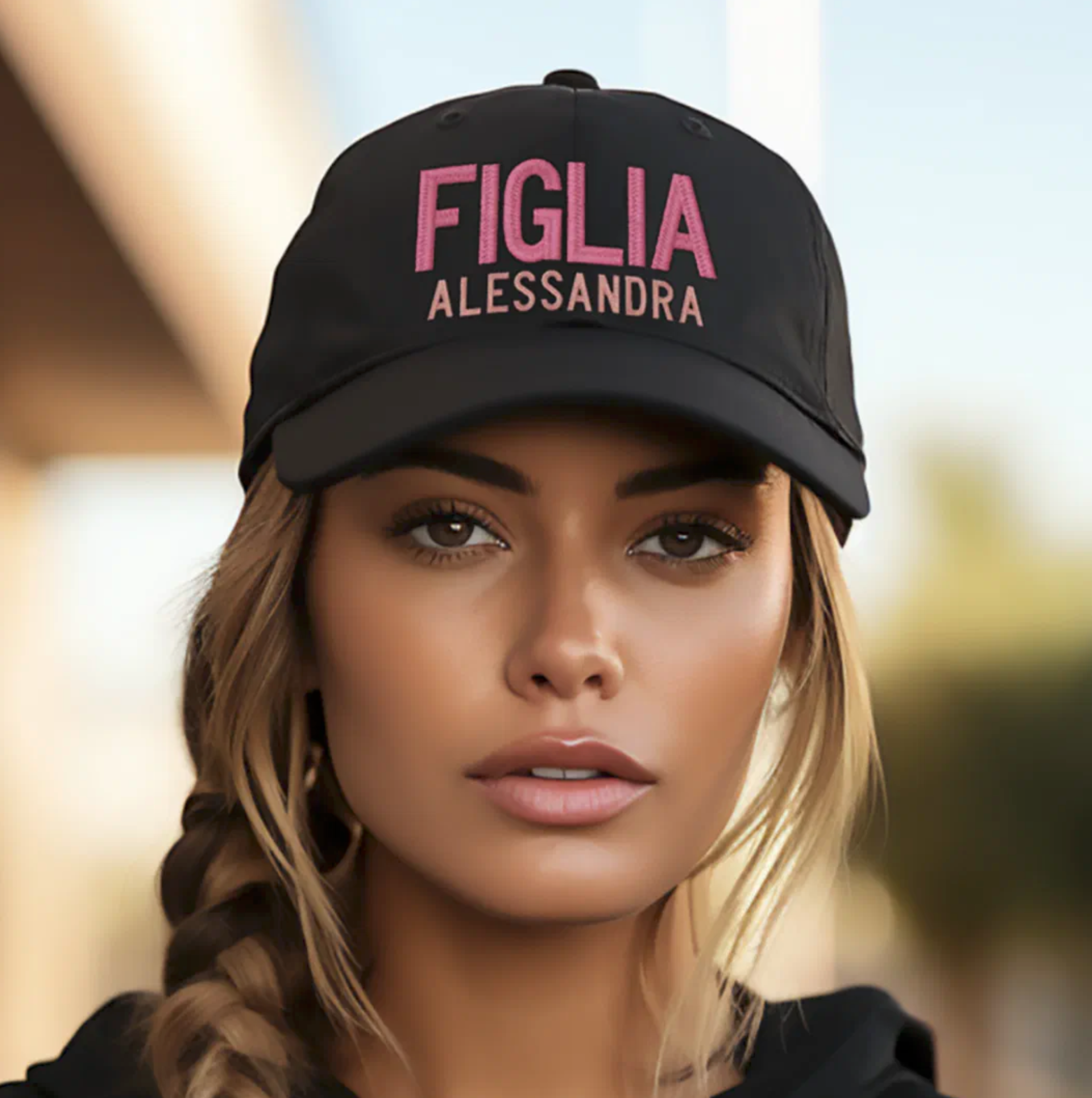 Embroidered cap with 'Figlia' (Daughter) and personalized name or text. Italian heritage accessory, gift for her, gift for daughter, custom headwear, family gift, birthday gift, Christmas gift, and personalized cap for Italian daughter pride.