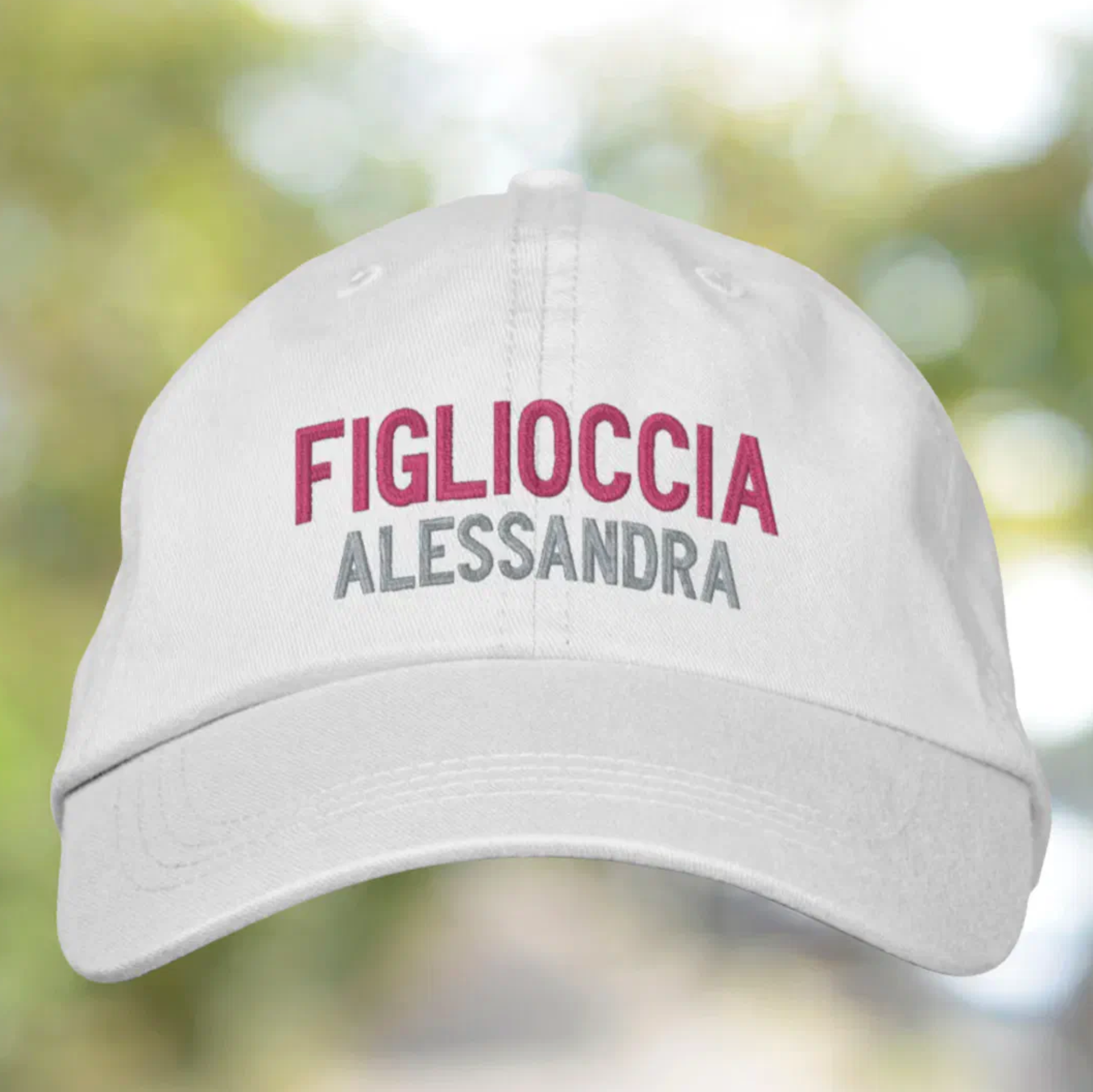 Embroidered cap with 'Figlioccia' (Goddaughter) and personalized name or text. Italian heritage accessory, gift for her, custom headwear, godparent gift, baptism gift, birthday gift, Christmas gift, and personalized cap for Italian goddaughter pride.