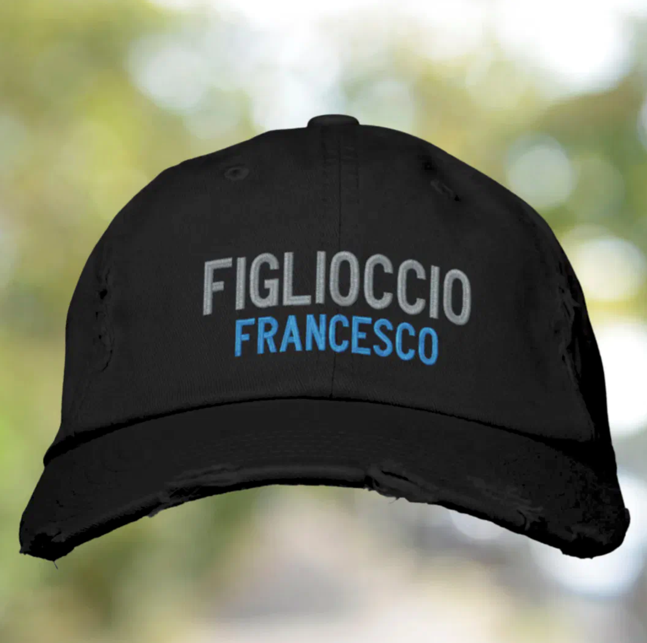 Embroidered cap with 'Figlioccio' (Godson) and personalized name or text. Italian heritage accessory, gift for him, custom headwear, godparent gift, baptism gift, birthday gift, Christmas gift, and personalized cap for Italian godson pride.