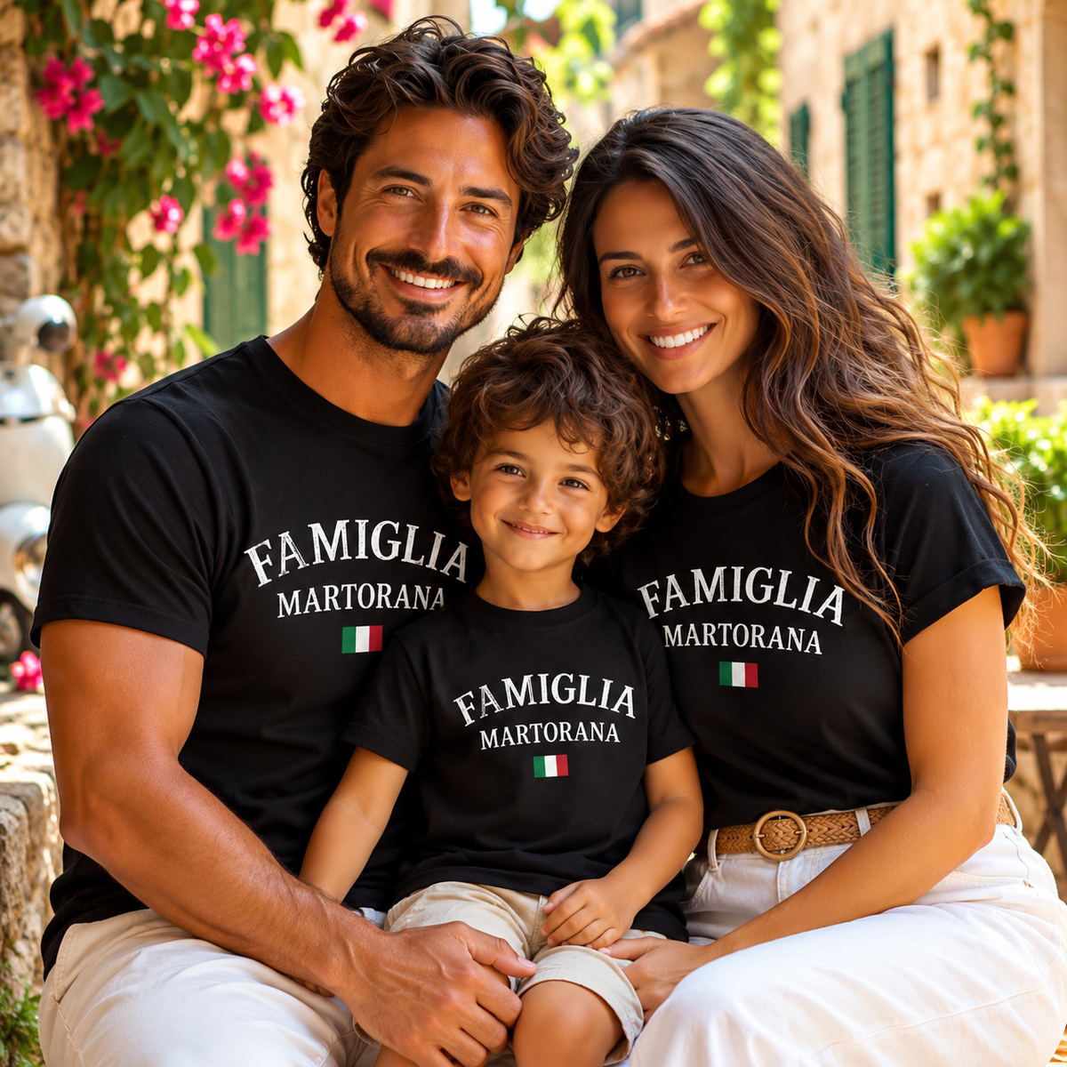 Happy Italian family wearing matching personalized Famiglia Martorana black T-shirts with Italian flags in Italy. Custom Italian family reunion shirts, matching vacation outfits, and thoughtful Italian heritage gifts.