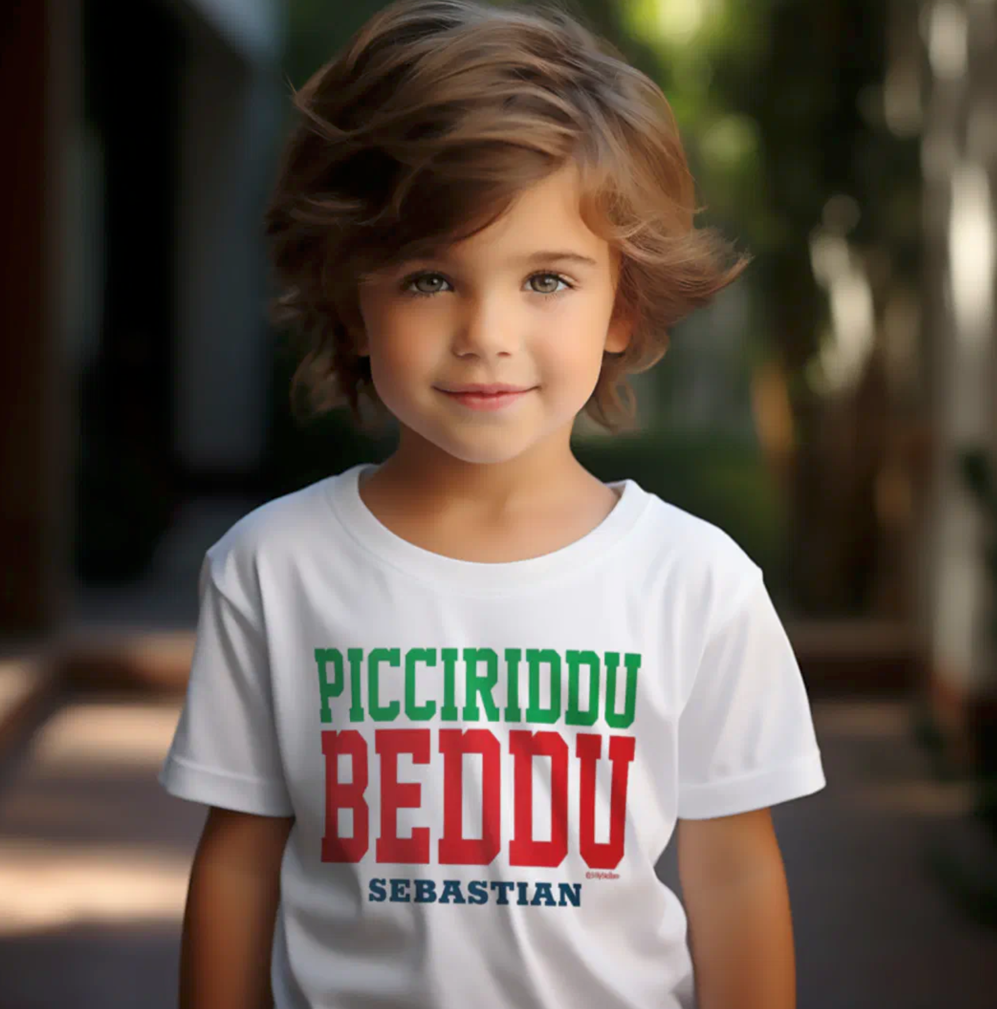 White kids t-shirt with 'Picciriddu Beddu' (Handsome Little Boy) in bold athletic font with green and red colors, personalized with child's name in blue. Sicilian heritage kids apparel, gift for him, gift for son, custom children's clothing, birthday gift, Christmas gift, and adorable tee for Sicilian boy pride.