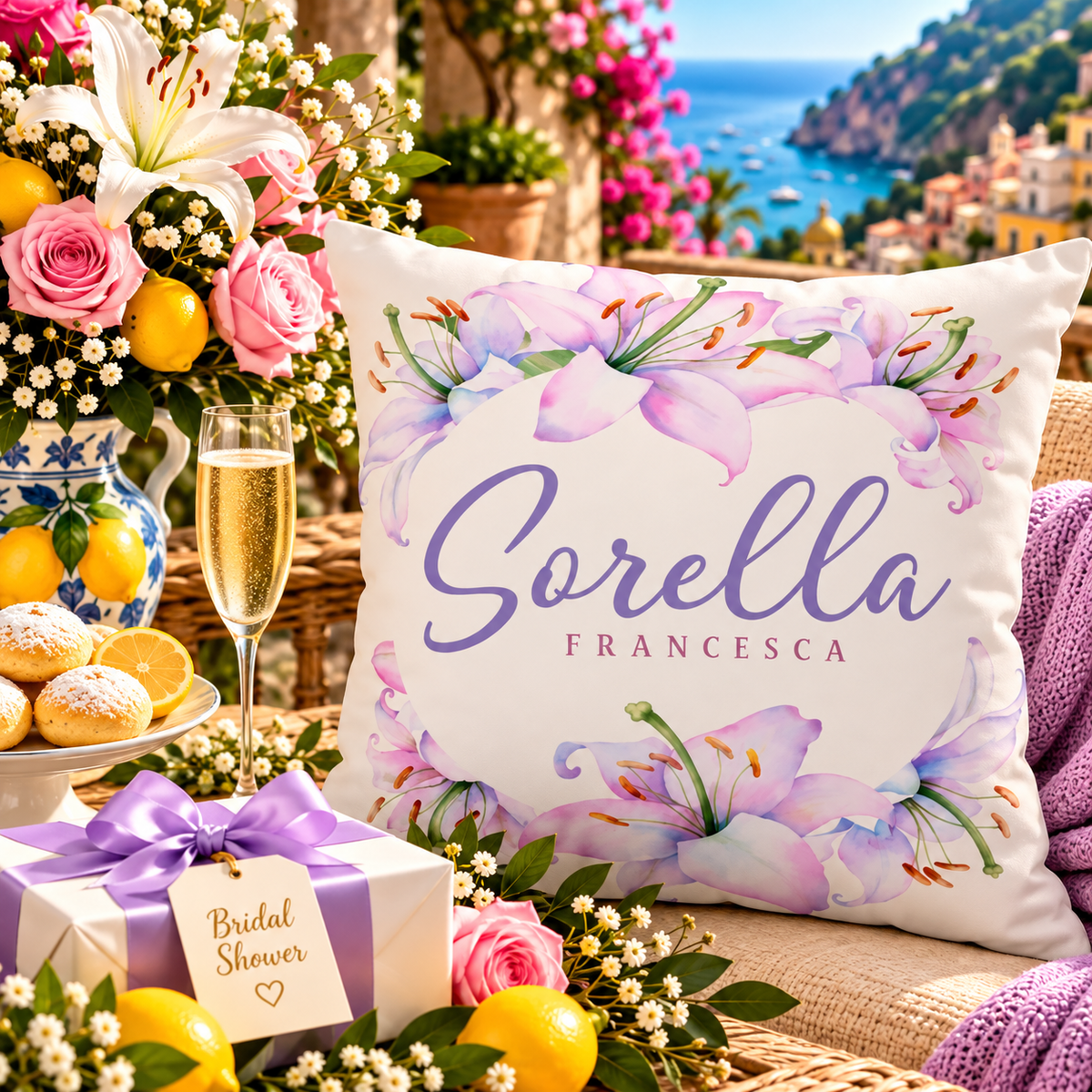 Personalized Sorella (Italian for sister) Francesca floral pillow with lavender lilies, styled for an Italian bridal shower with champagne, pink roses, lemons, and Amalfi Coast décor.