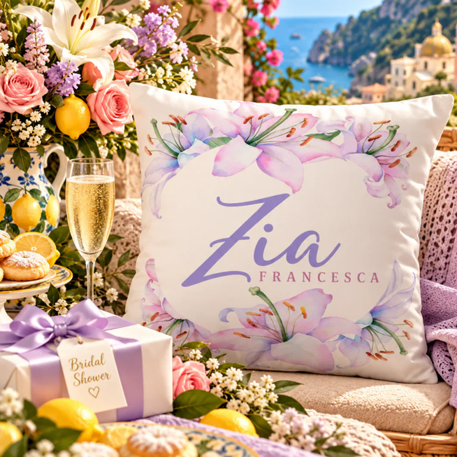 Personalized Zia (Italian for aunt) Francesca floral pillow with lavender lilies, styled for an Italian bridal shower with champagne, pink roses, lemons, and romantic Amalfi Coast décor.
