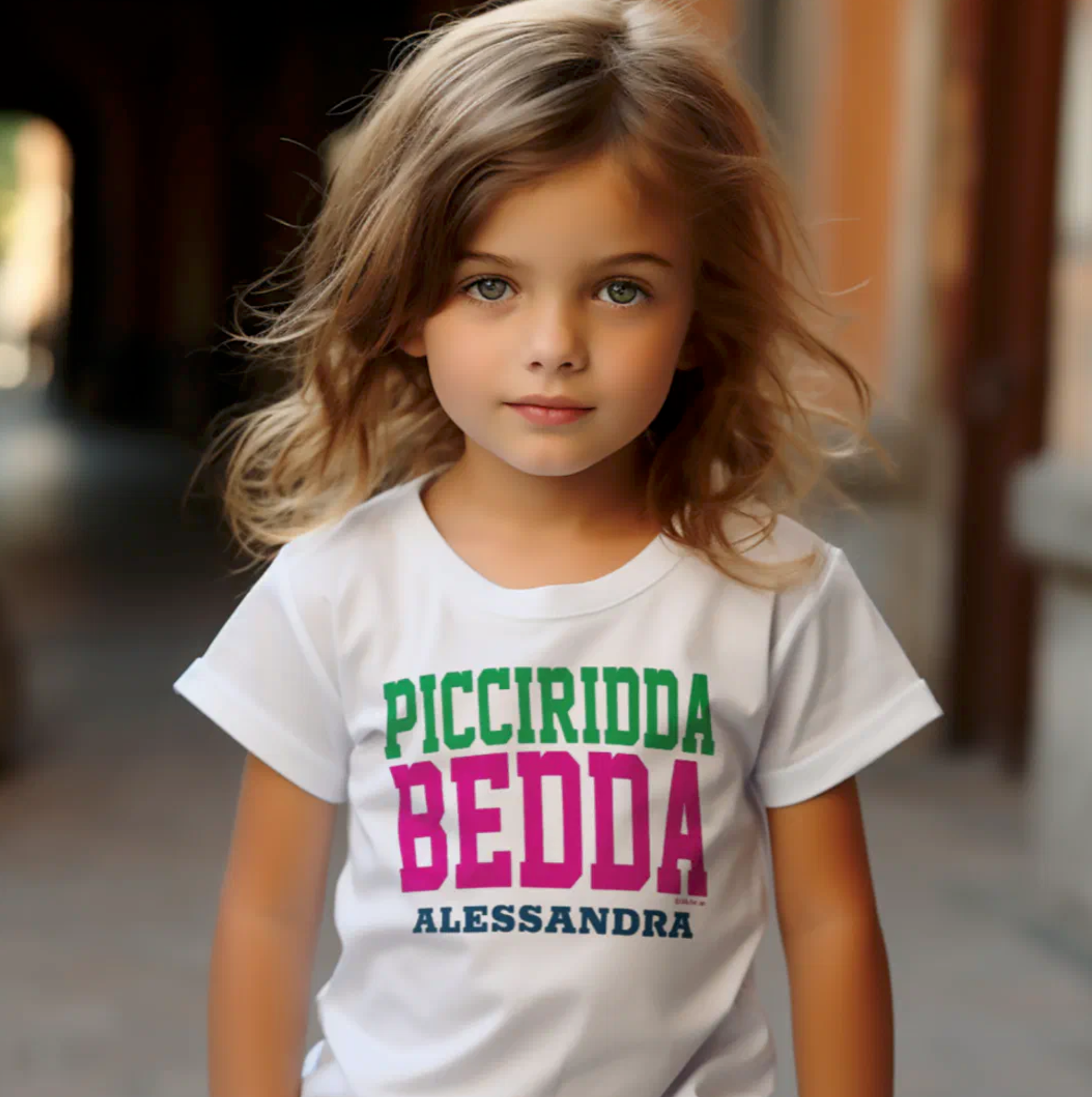 White kids t-shirt with 'Picciridda Bedda' (Beautiful Little Girl) in bold athletic font with green and hot pink colors, personalized with child's name in blue. Sicilian heritage kids apparel, gift for her, gift for daughter, custom children's clothing, birthday gift, Christmas gift, and adorable tee for Sicilian girl pride.