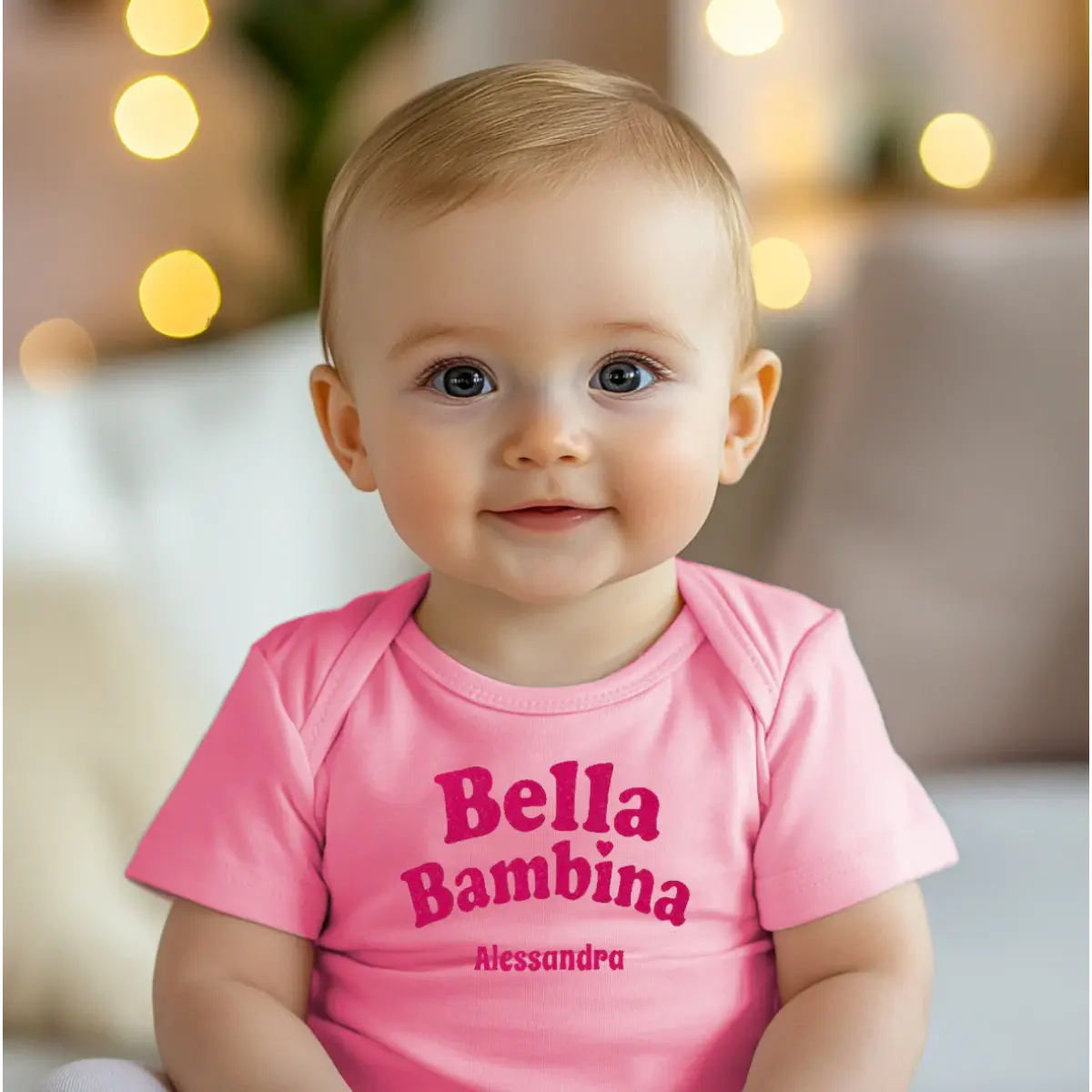 Baby wearing pink personalized Bella Bambina onesie - Italian beautiful baby girl gift.