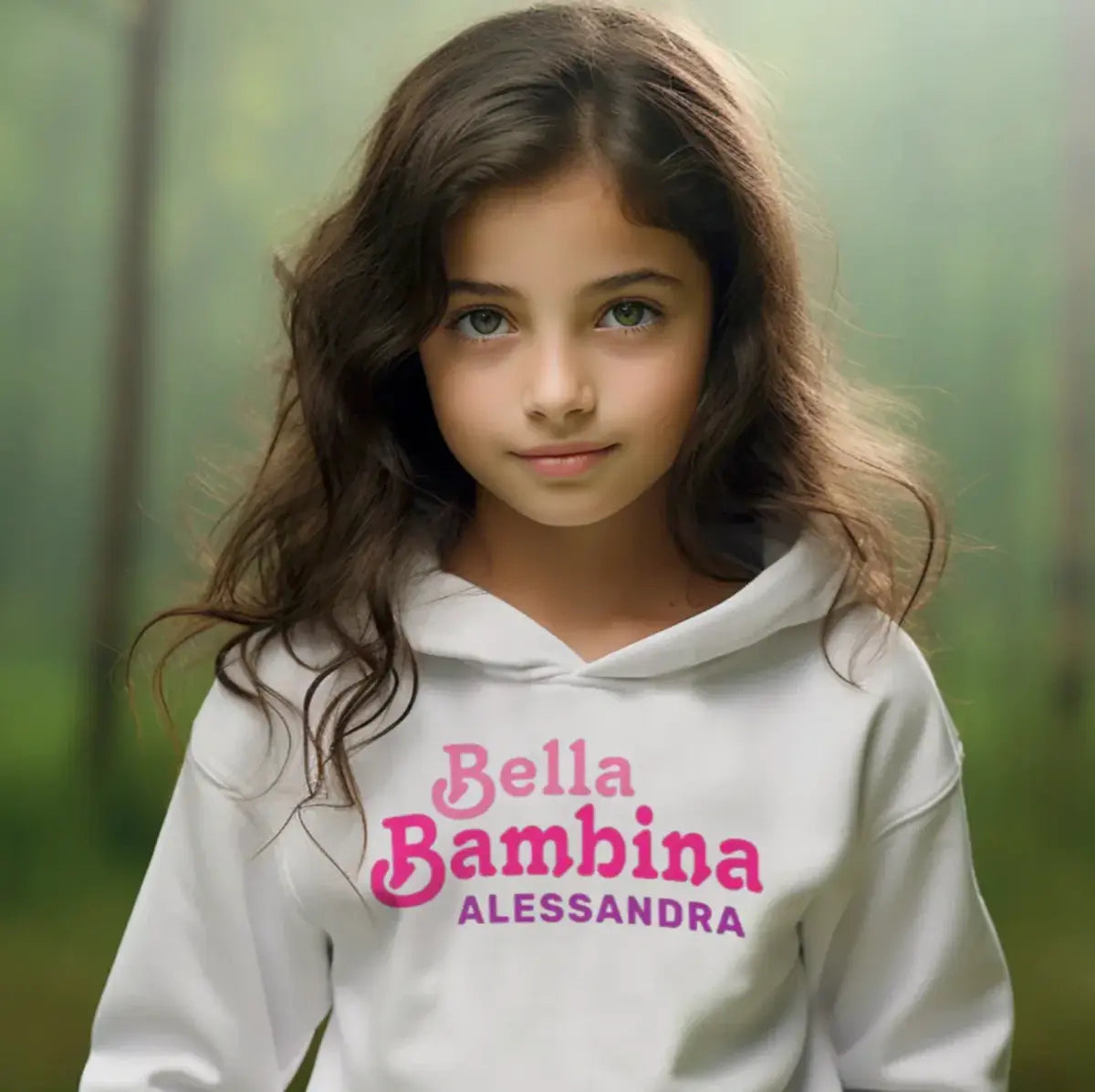 Young girl wearing a white personalized pullover hoodie with 'Bella Bambina' gift for kids, gift for girl, gift for little girl. Heritage sportswear for little girl.