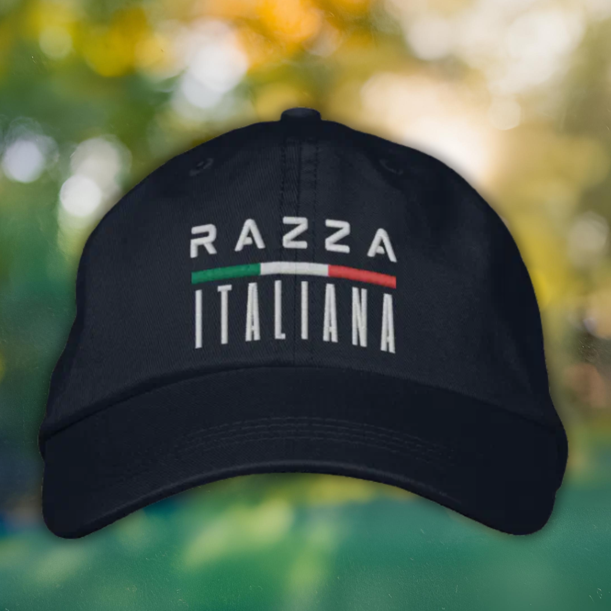 Black embroidered cap with 'Razza Italiana' (Italian Breed) and Italian flag detail. Italian heritage accessory, gift for him, gift for her, Italian pride hat, birthday gift, Christmas gift, and bold cap for Italian breed attitude.