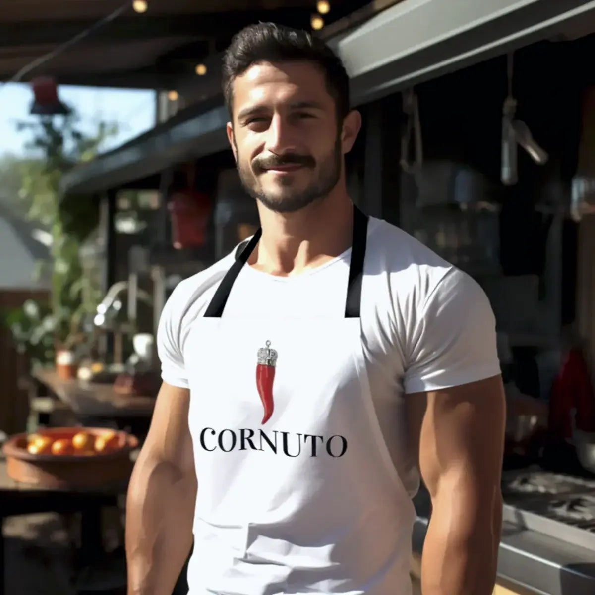 Personalized Red Horn Pendant Cornuto Funny Apron Italian Sicilian heritage gift for him, gift for dad, Christmas gift for east coast Italian.