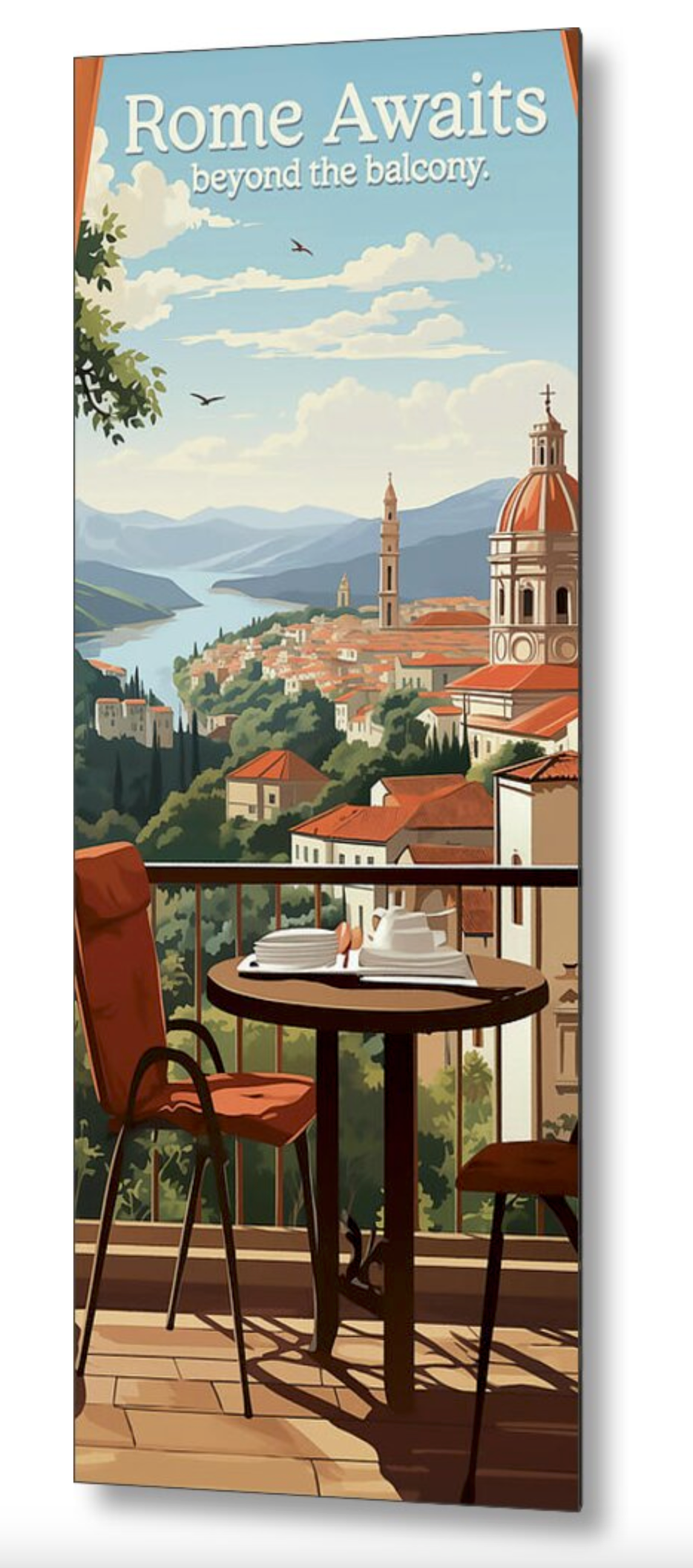 Tall vertical custom format wall art with 'Rome Awaits Beyond the Balcony' in vintage poster art style featuring table on balcony overlooking Rome. Italian heritage home decor, gift for her, gift for him, Rome travel art, living room decor, bedroom decor, birthday gift, Christmas gift, and elegant piece celebrating Italian romance and travel.