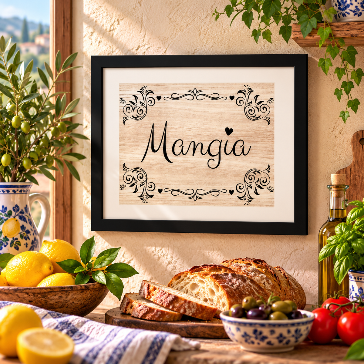 Bring the warmth of an Italian kitchen into your home with this charming “Mangia” framed wall art, meaning “Eat!” in Italian. Featuring elegant black script, decorative flourishes and sweet heart accents on a rustic wood-look background, this Italian farmhouse kitchen print celebrates good food, family and tradition. Beautifully displayed among lemons, olive branches and Mediterranean accents, it makes a delightful housewarming, Mother's Day or Christmas gift for Italian and Sicilian food lovers!