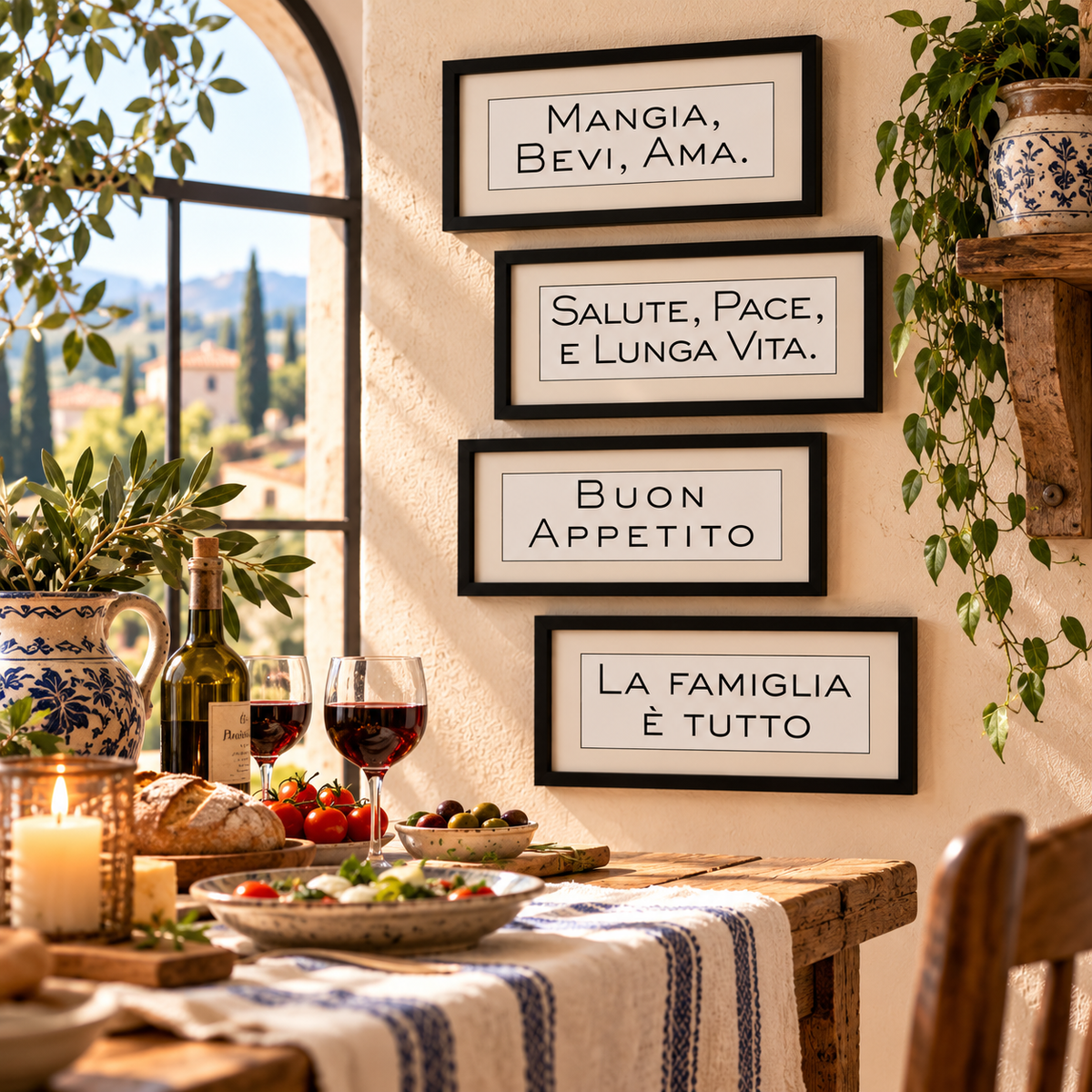 Celebrate the heart of Italian living with our collection of four elegant Italian saying framed wall art prints! Featuring “Mangia, Bevi, Ama” (Eat, Drink, Love), “Salute, Pace e Lunga Vita” (Health, Peace and Long Life), “Buon Appetito” (Enjoy Your Meal) and “La Famiglia è Tutto” (Family Is Everything), these timeless black-and-white typography prints bring warmth, Italian heritage and *la dolce vita* to kitchens, dining rooms and Mediterranean-inspired homes. Display individually or together as a beautifu