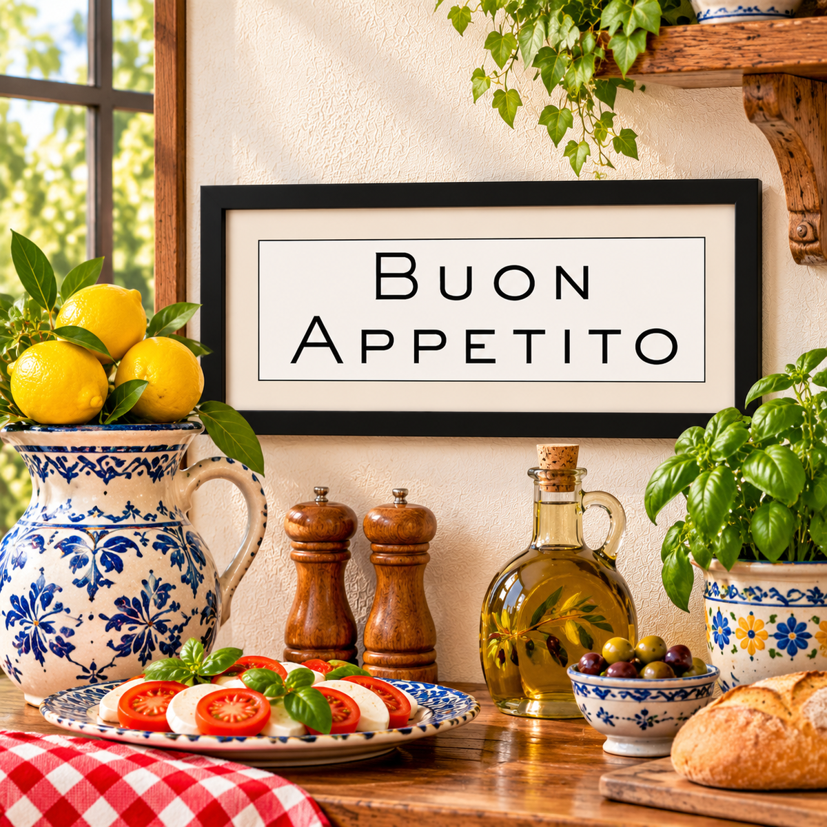 Bring the warmth of an Italian kitchen into your home with this elegant “Buon Appetito” framed wall art, meaning “Enjoy Your Meal” in Italian! Featuring timeless black-and-white typography, this charming Italian kitchen decor is beautifully displayed among fresh lemons, basil, olive oil and rustic Mediterranean accents. Perfect for Tuscan kitchens, dining rooms and breakfast nooks, it makes a delightful housewarming, wedding or hostess gift for Italian food lovers and anyone who treasures the joy of gatheri
