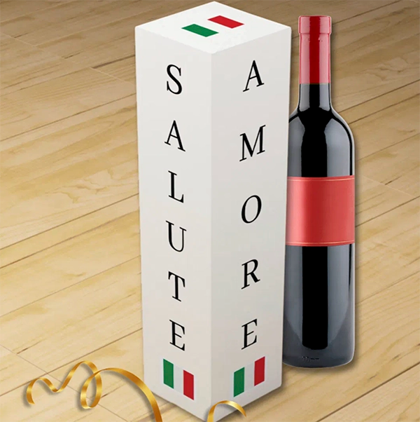 Red wine bottle with a wine box labeled 'Salute Amore' with Italian flag accents on each side; a chic Valentine's day gift for romantic couples.