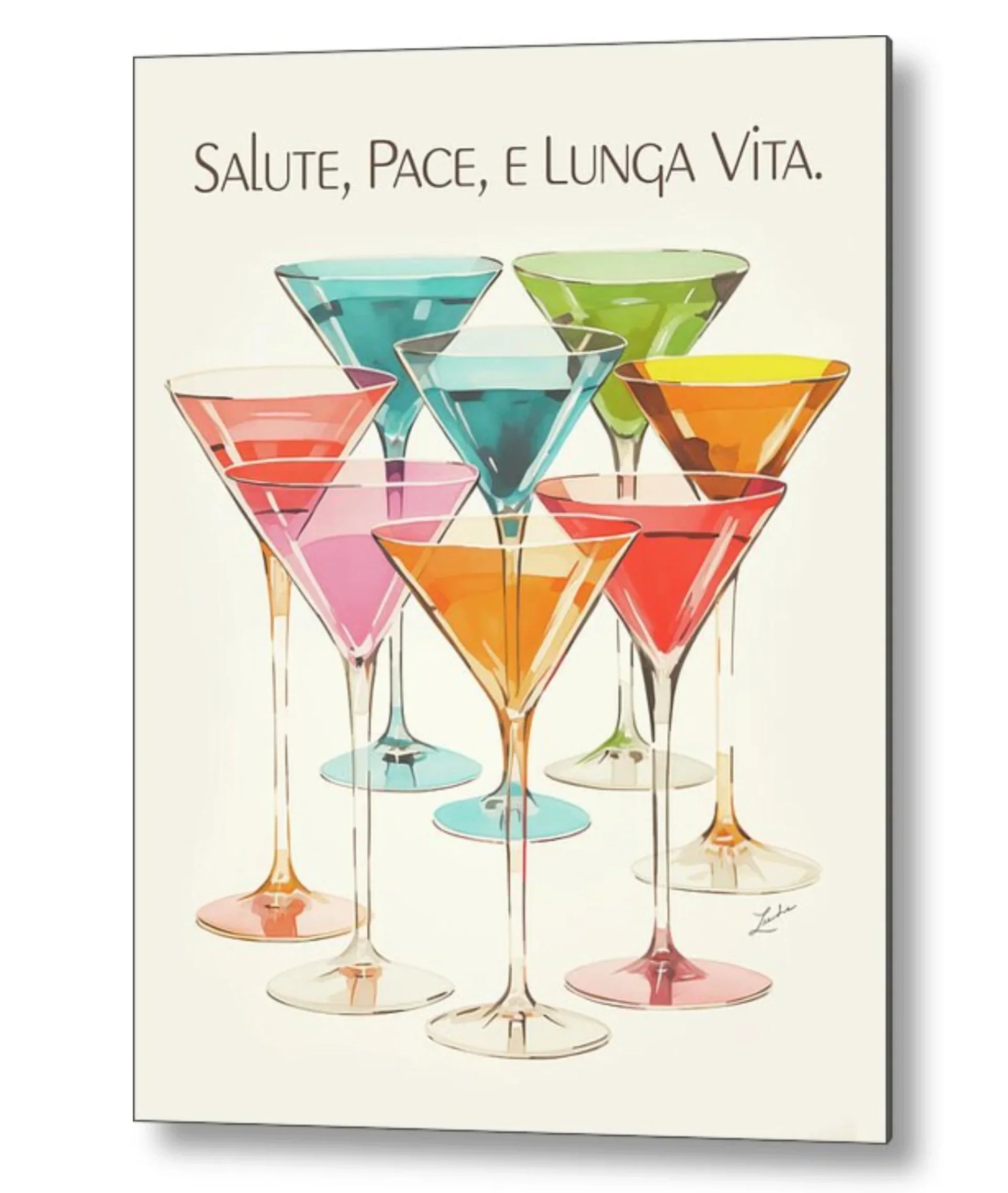 Salute Pace e Lunga Vita Martini Glasses vintage retro Italian wall art. A classic Italian heritage saying for celebrations and wedding. Italian wedding gift, housewarming gift.