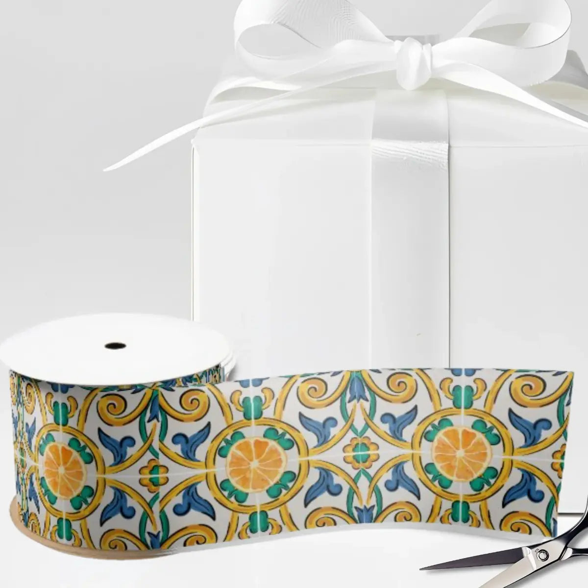 Satin ribbon with traditional Italian pottery pattern in painterly style featuring oranges at the center of the tile pattern on white background. Italian and Sicilian heritage ribbon, Mediterranean decor ribbon, Italian tile pattern, gift wrapping ribbon, craft ribbon, Italian wedding ribbon, bridal shower ribbon, Italian party supplies.