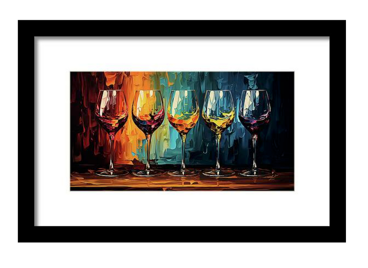 Framed artwork of five wine glasses with colorful liquid on a wooden surface.
