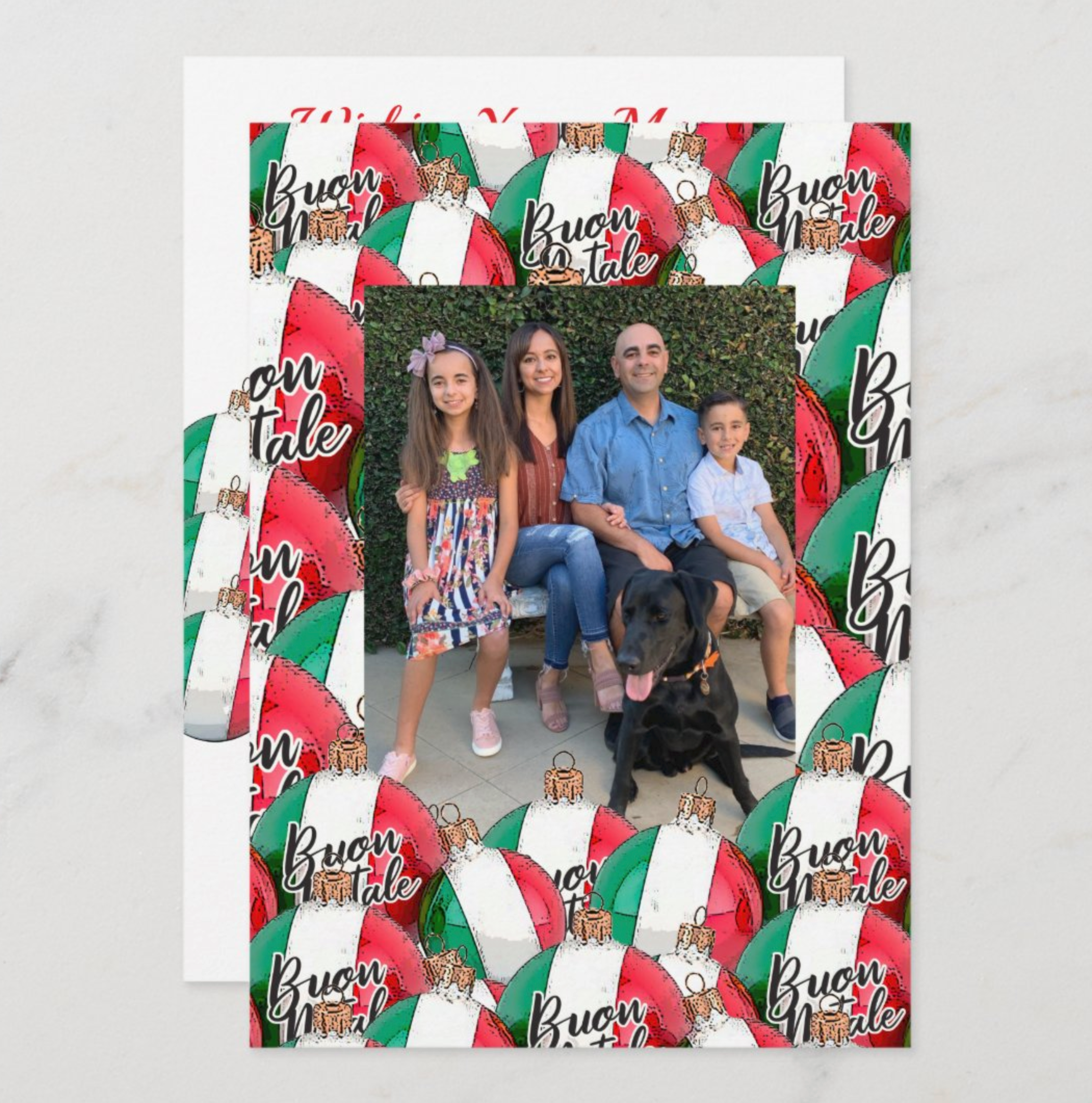 Family photo with dog on a 'Buon Natale' Italian themed photo card.