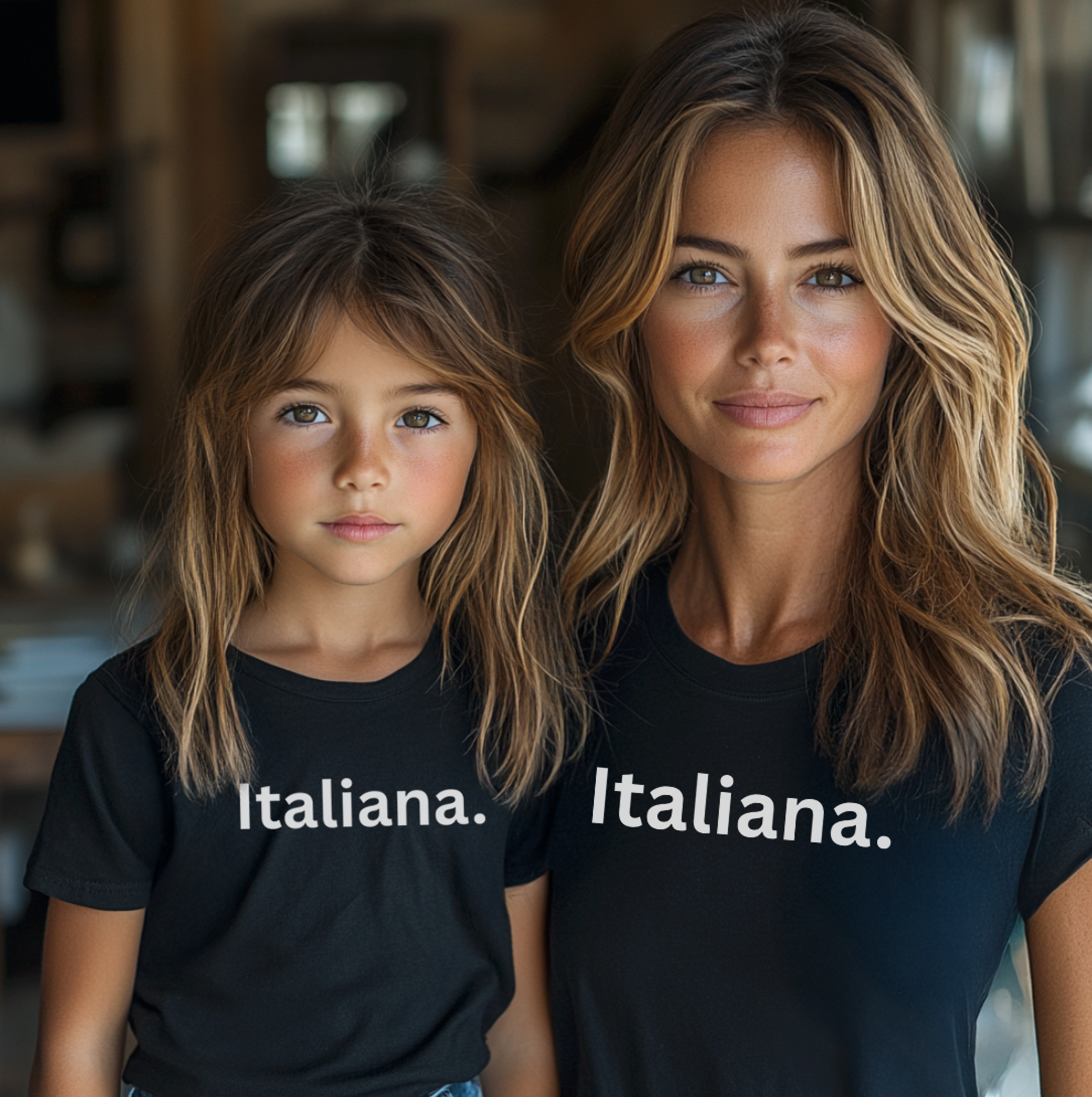 Woman and child wearing black 'Italiana.' t-shirts. Italian Heritage gift for mother, gift for girls.