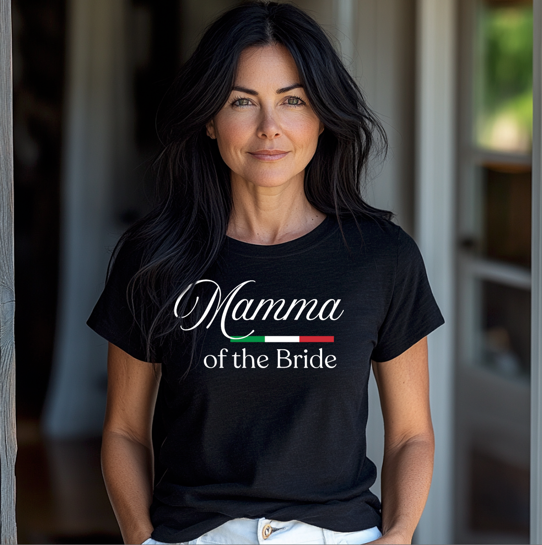 Woman wearing a black t-shirt with 'Mamma of the Bride' text and Italian flag design. From a matching bridal party t-shirt collection for the whole family.