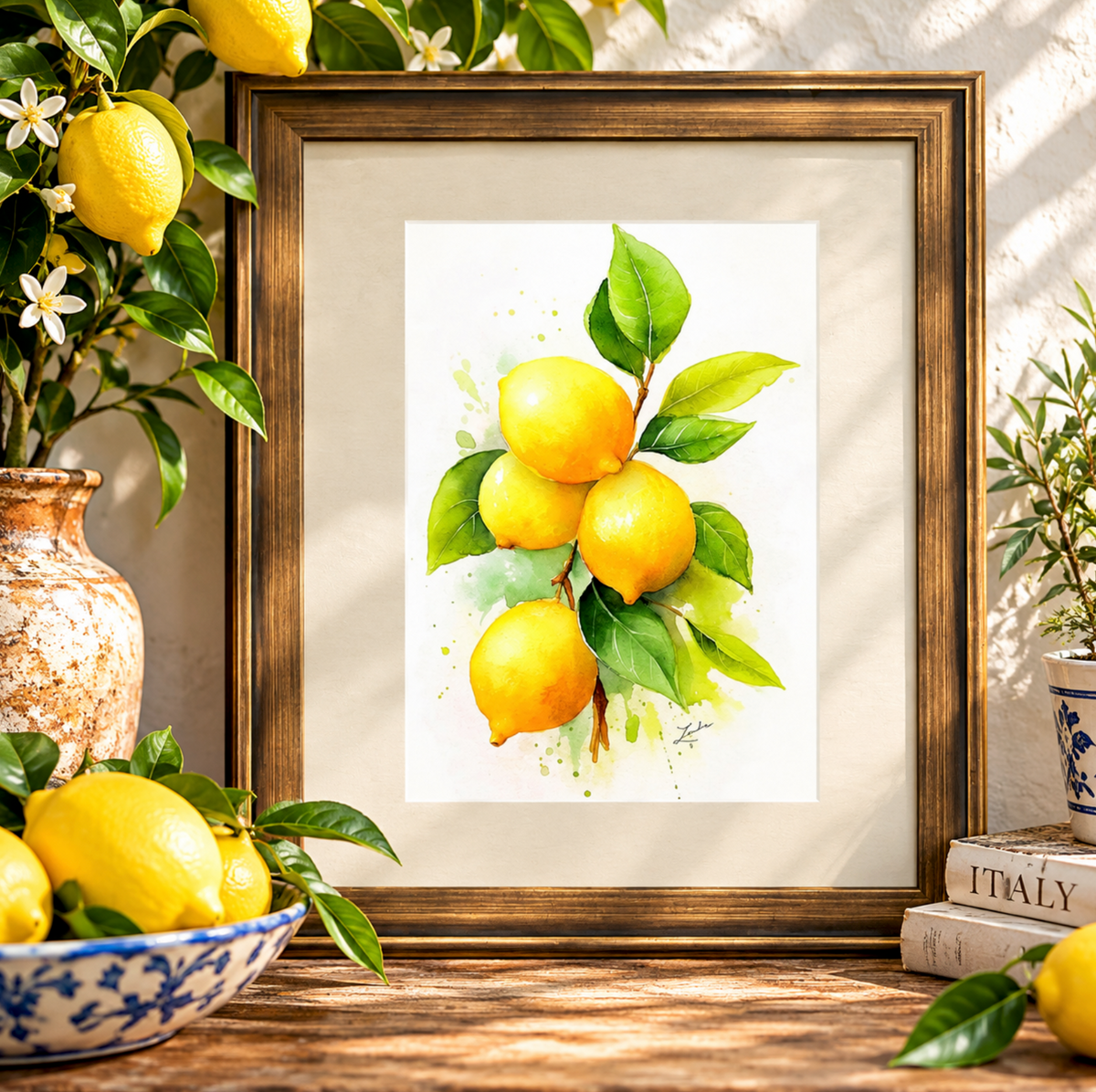 Framed Italian lemon watercolor wall art with bright yellow citrus and green leaves, Mediterranean kitchen décor, Italian farmhouse wall art, Sicily-inspired home décor and Italian housewarming gift.