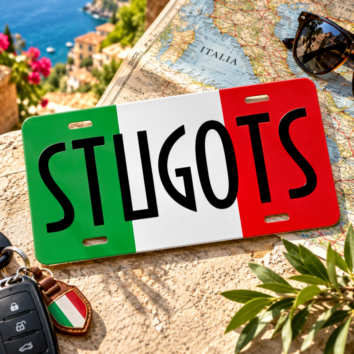 Stugots Italian flag novelty license plate featuring bold black lettering on green, white and red tricolor, unique Italian American car accessory, Italian heritage gift and funny gift for proud Italians.