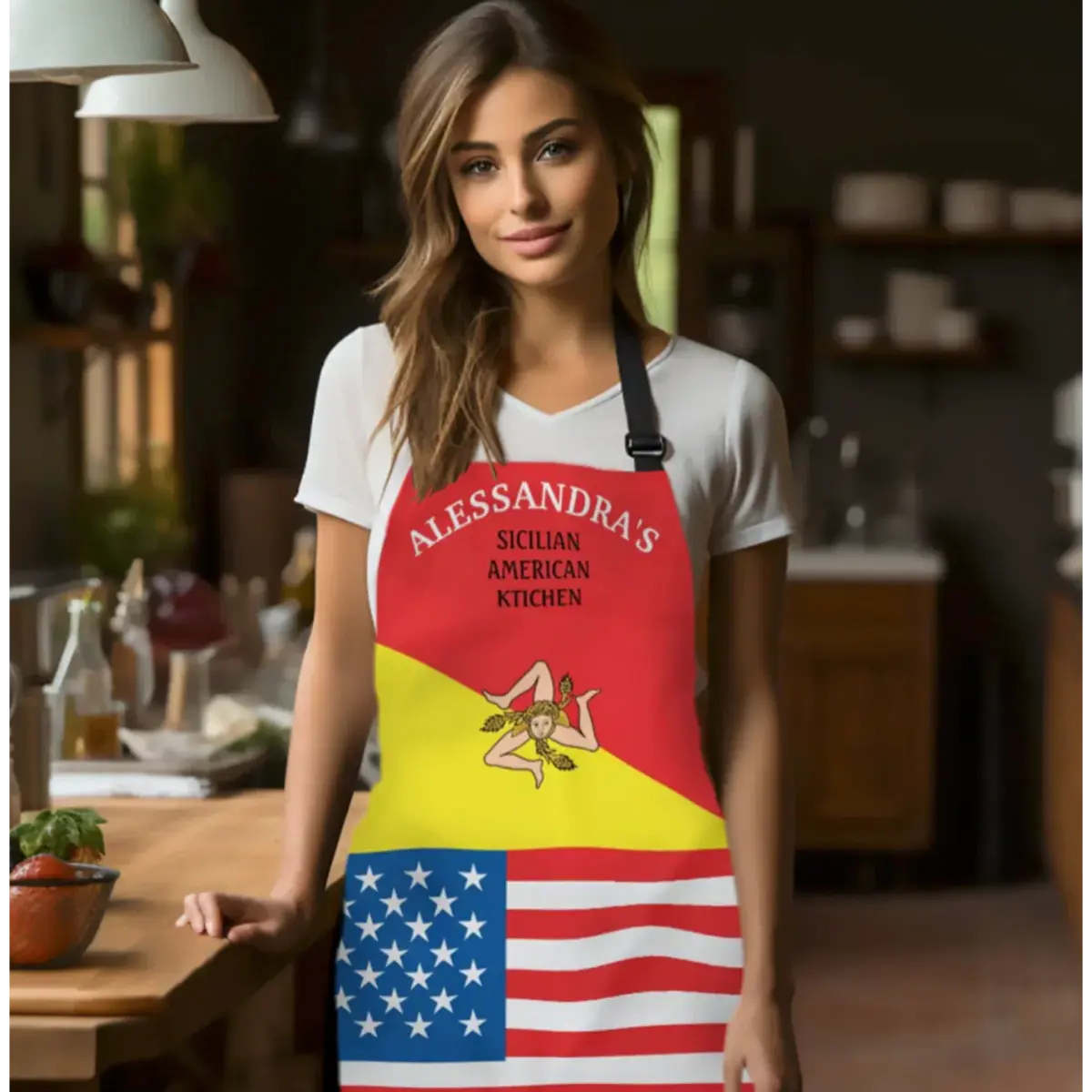 Woman wearing a red apron with custom 'Alessandra's Sicilian American Kitchen' design in a kitchen setting. Flag of Siciiy and American Flag apron Personalized heritage gift for her, gift for him, gift for mom, gift for dad, birthday gift, Christmas gift, Mother's day gift, Father's day gift.