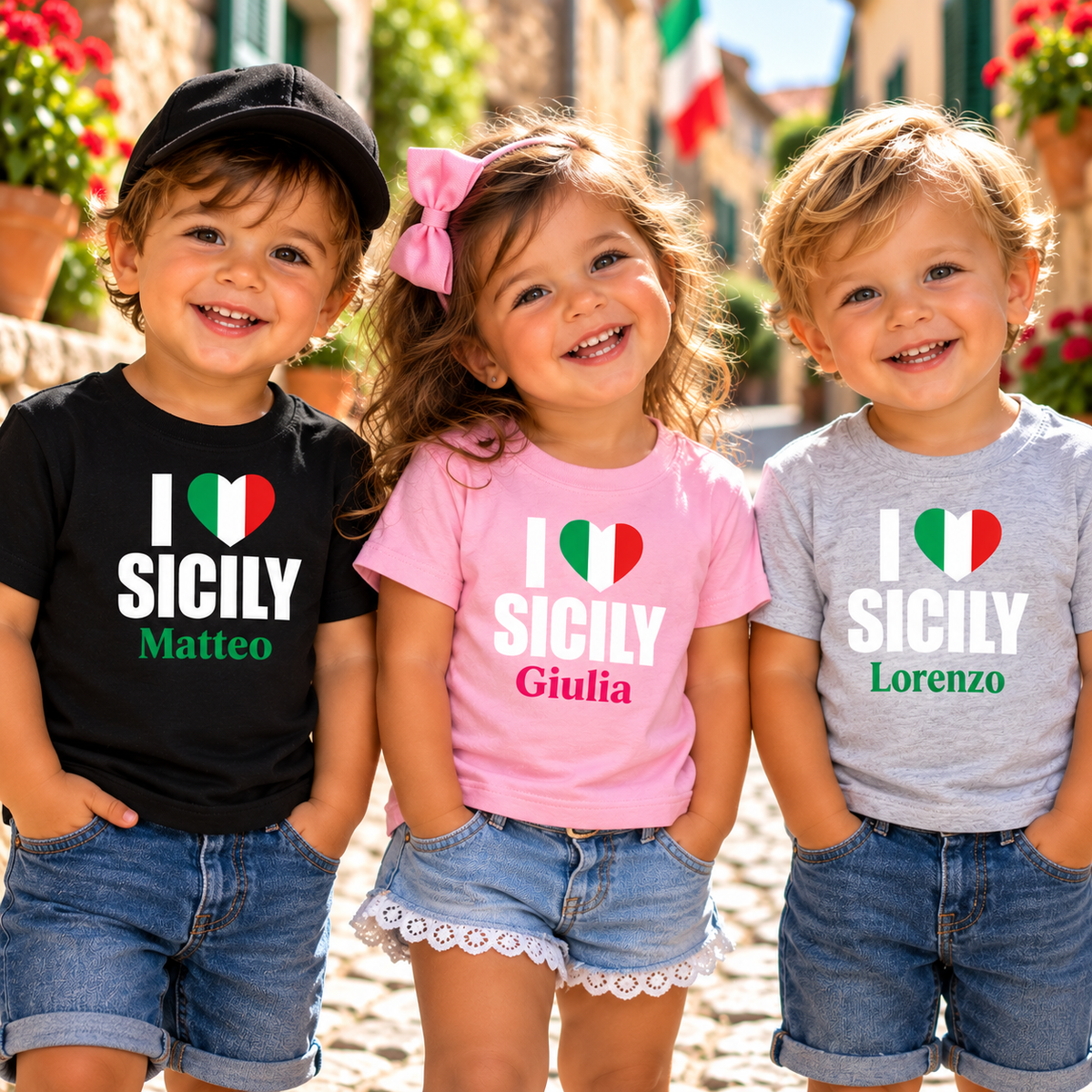 Three adorable toddlers wearing personalized I Love Sicily T-shirts in black, pink, and gray, featuring Italian flag hearts and names Matteo, Giulia, and Lorenzo.