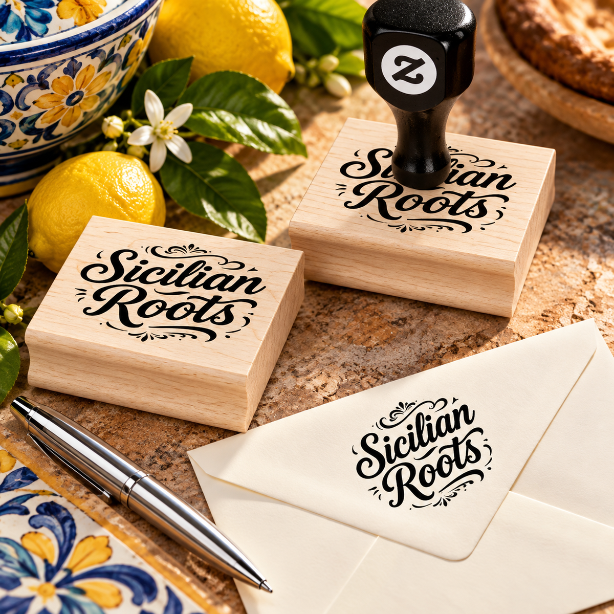 Sicilian Roots rubber stamp with decorative script, wooden block and stamped envelope, celebrating Sicilian heritage.