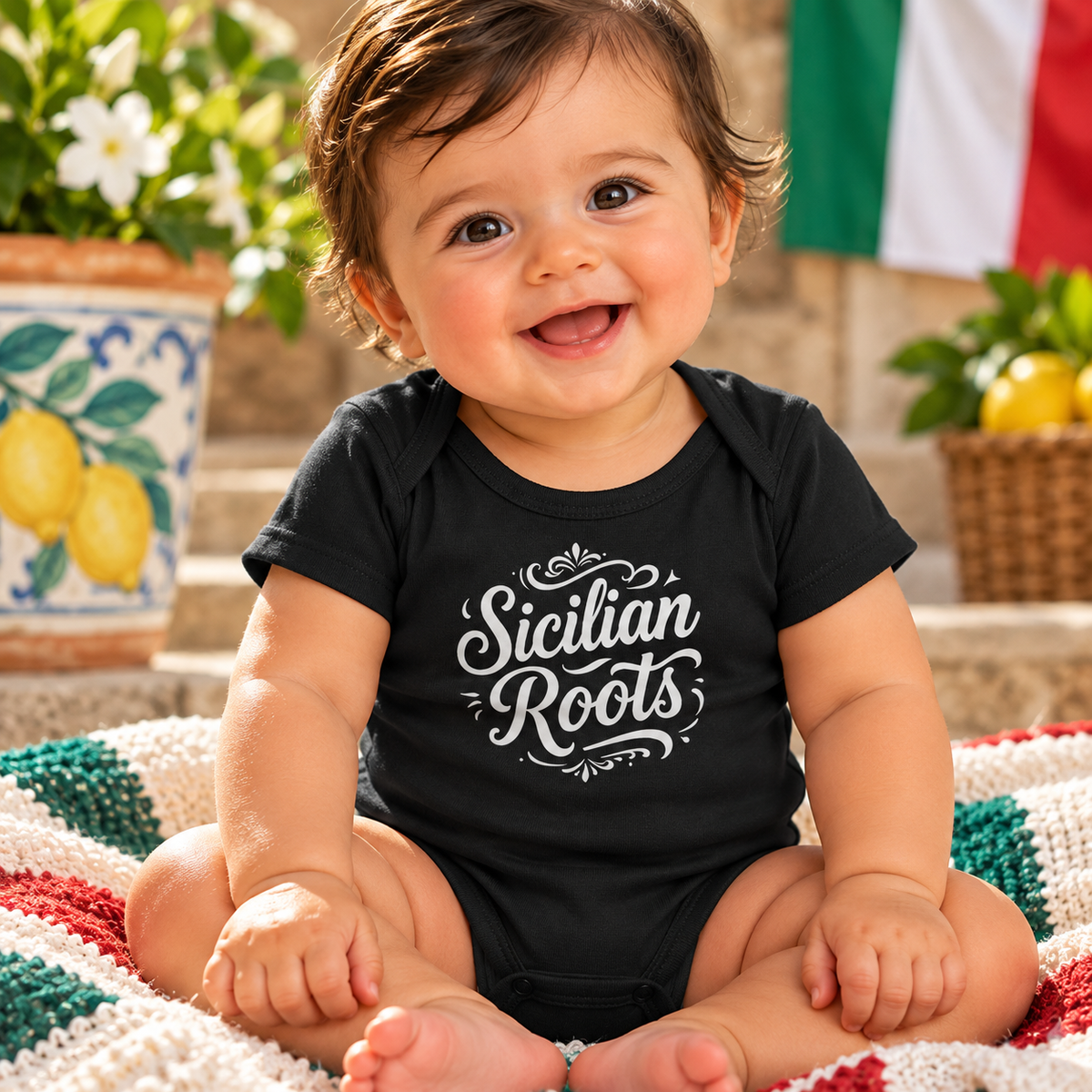 Adorable smiling baby wearing a black “Sicilian Roots” bodysuit, celebrating Sicilian heritage. A cute Italian baby shower or newborn gift.
