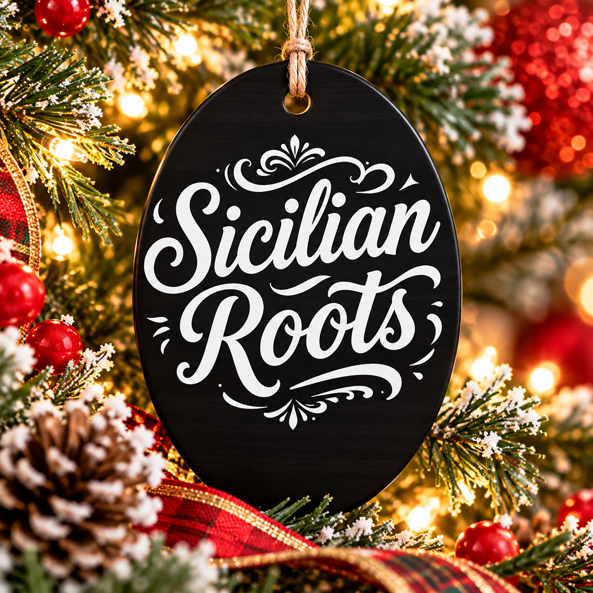 Black oval wooden Sicilian Roots Christmas ornament with white lettering hanging on a festive holiday tree.