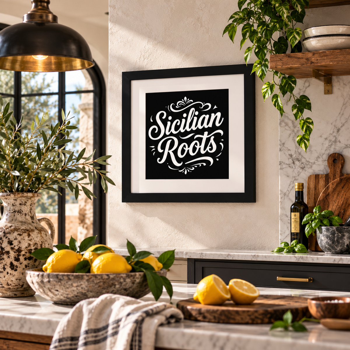 Show off your Sicilian pride with our bold “Sicilian Roots” framed wall art! Featuring striking white decorative lettering against a rich black background, this timeless Italian and Sicilian heritage print makes a beautiful statement in any kitchen, dining room or family gathering space. Displayed in a stylish Mediterranean-inspired kitchen, it's a meaningful housewarming, birthday, Christmas or family gift for proud Sicilians who cherish their ancestry, traditions and unforgettable family roots!