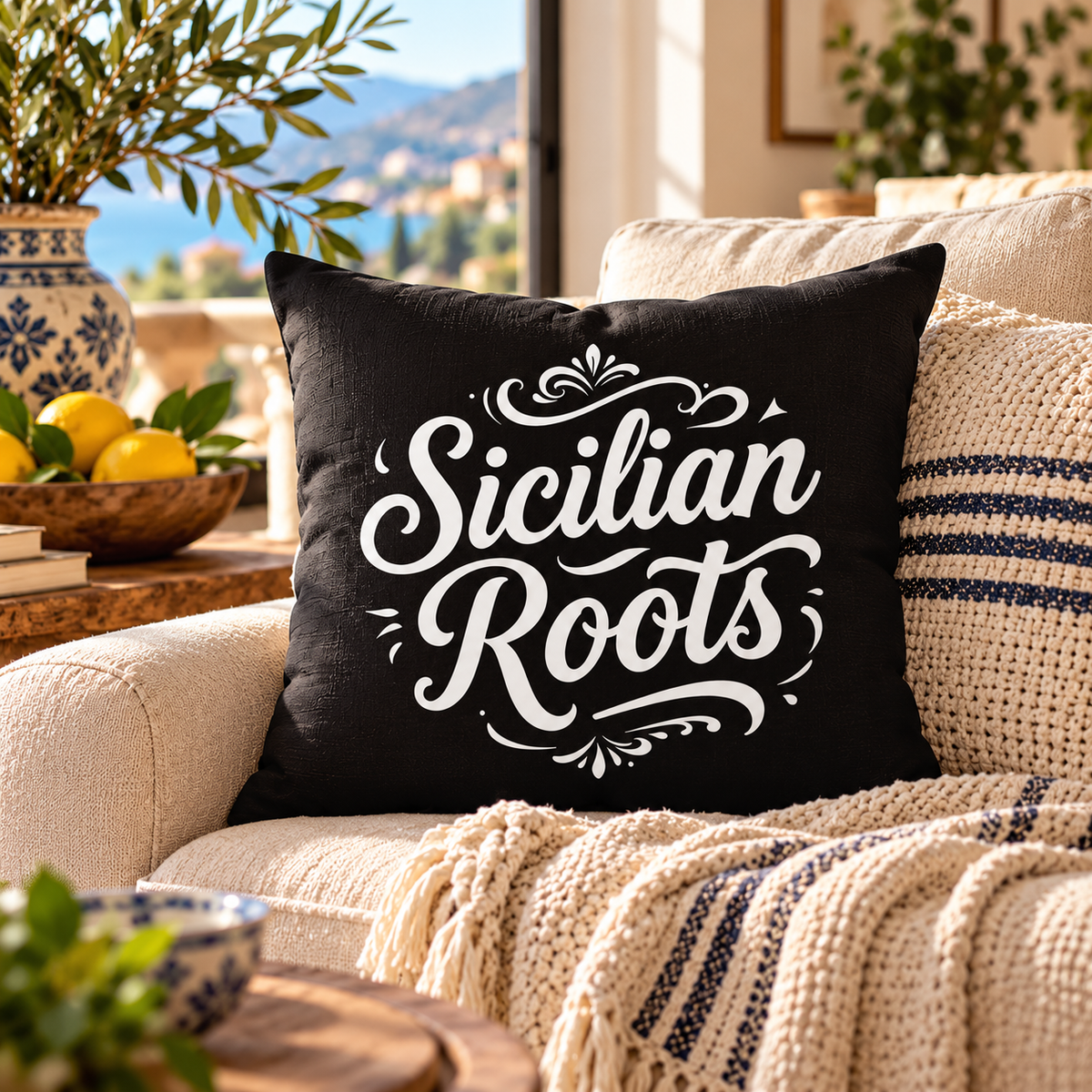 Show off your Sicilian pride with our bold “Sicilian Roots” decorative throw pillow! Featuring elegant white script and ornamental scrollwork against a rich black background, this striking accent pillow brings timeless Italian and Sicilian heritage to sofas, living rooms and Mediterranean-inspired homes. Beautifully styled with cozy textiles and Italian decor, it makes a thoughtful housewarming, birthday or Christmas gift for proud Sicilians who love celebrating their family roots!
