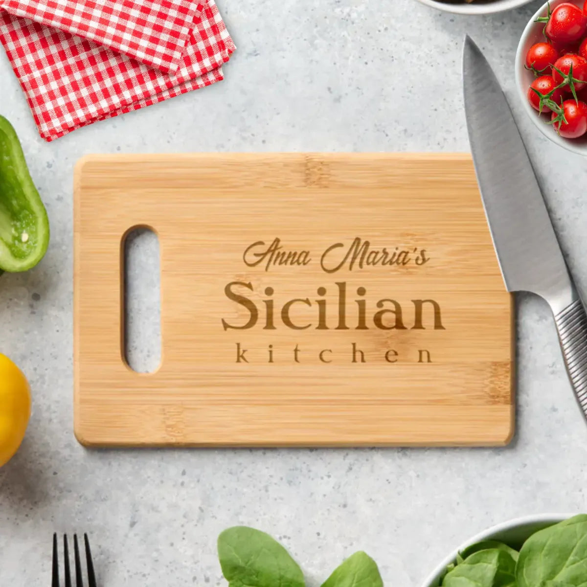 Personalized Sicilian Kitchen etched cutting board, Sicilian heritage kitchen decor. Custom name cutting board, housewarming gift, wedding gift, gift for chef, gift for her, gift for him.