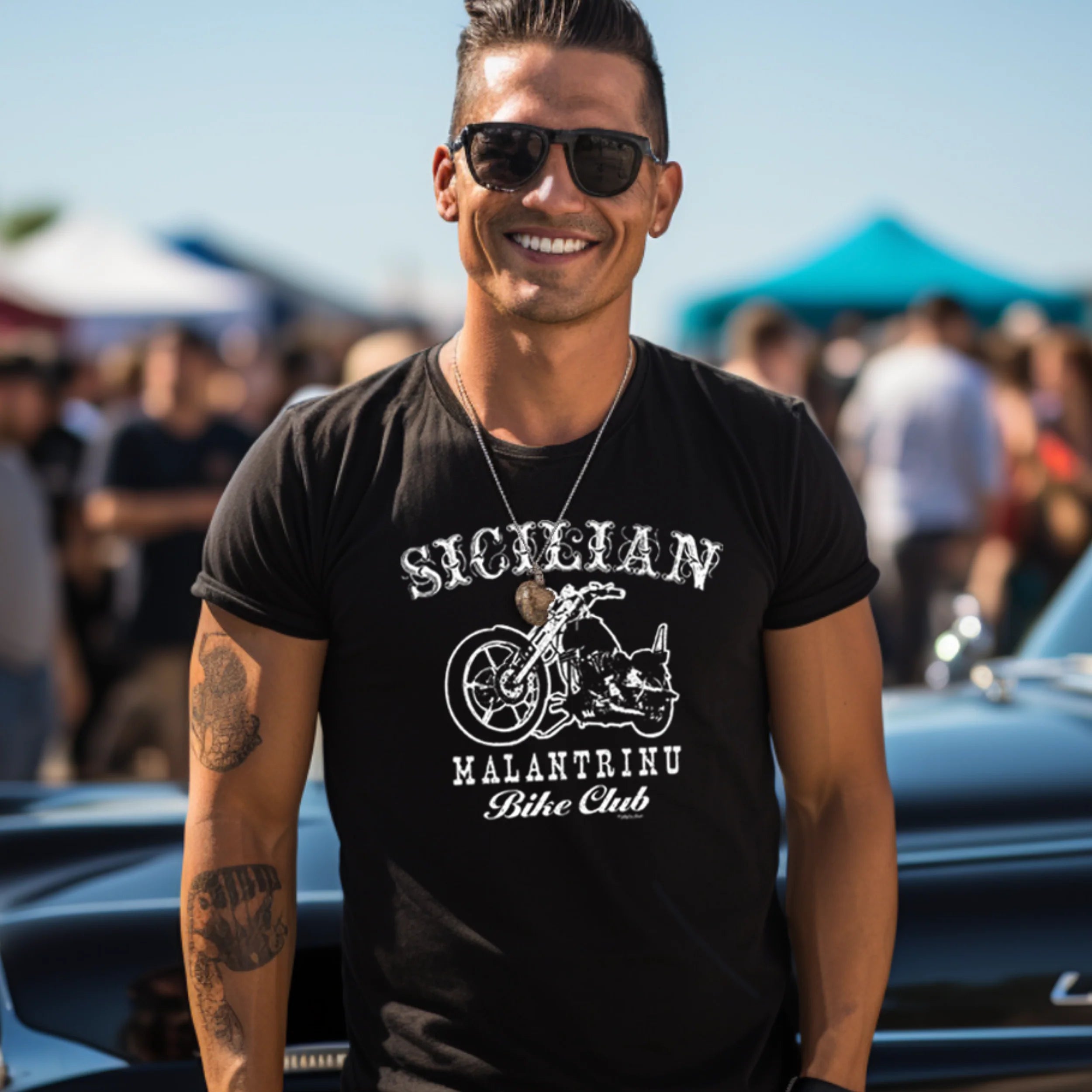 Sicilian Malantrinu bike club with vintage chopper black t-shirt