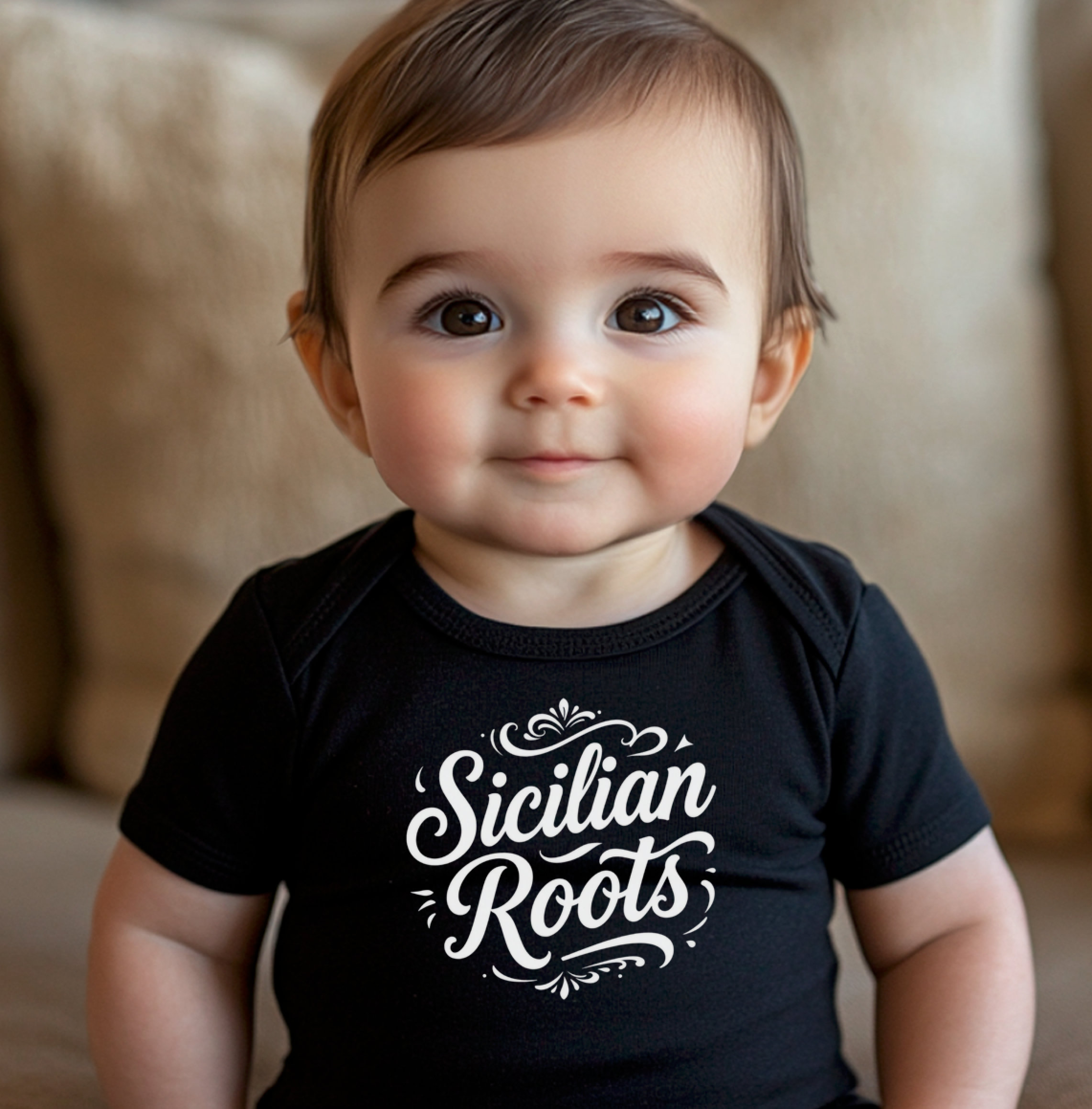 Sicilian Roots baby onesie with elegant white script typography celebrating Italian and Sicilian heritage