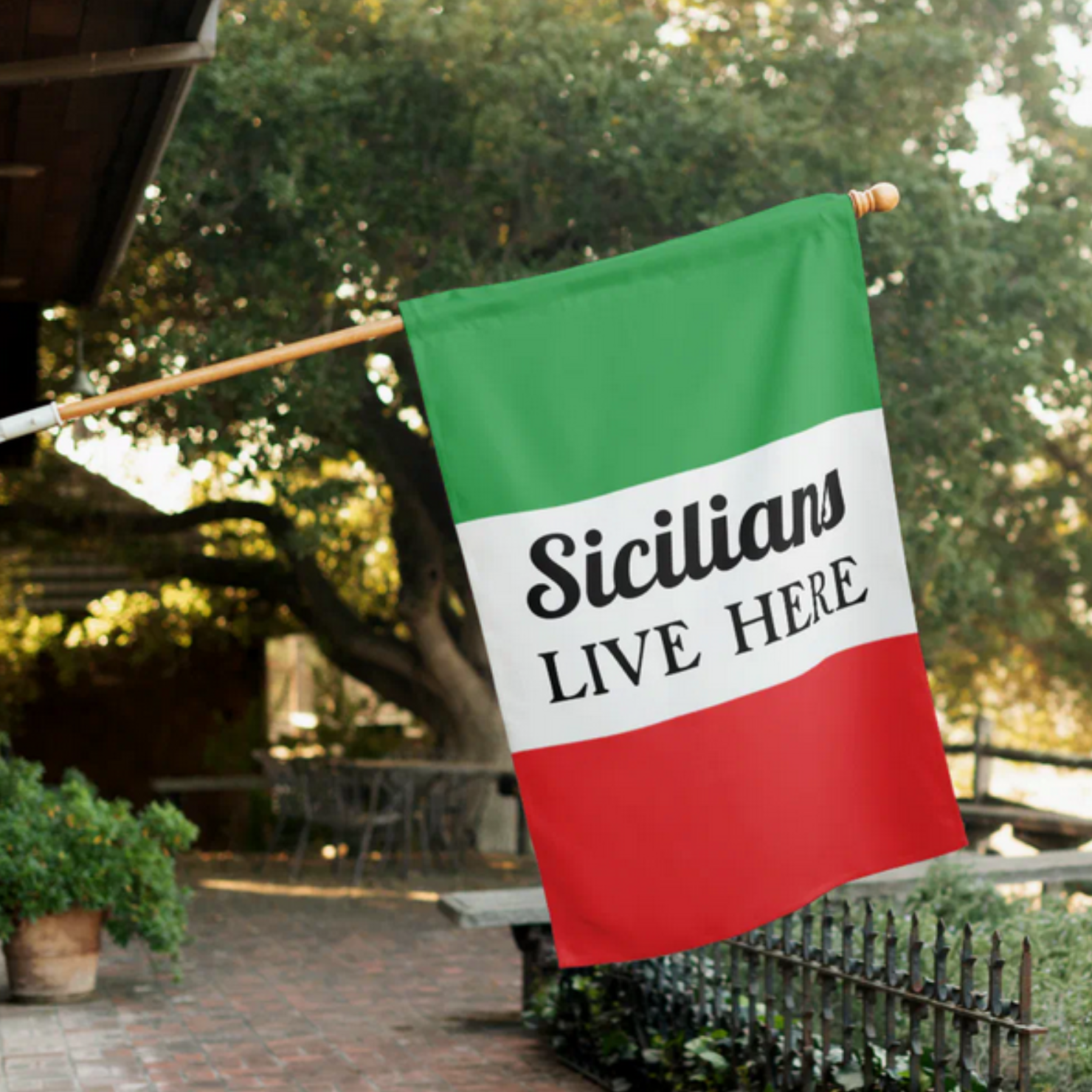 'Sicilians Live Here' Italian House Flag funny Italian and Sicilian housewarming gift. Celebrate Italian heritage with this humor gift.