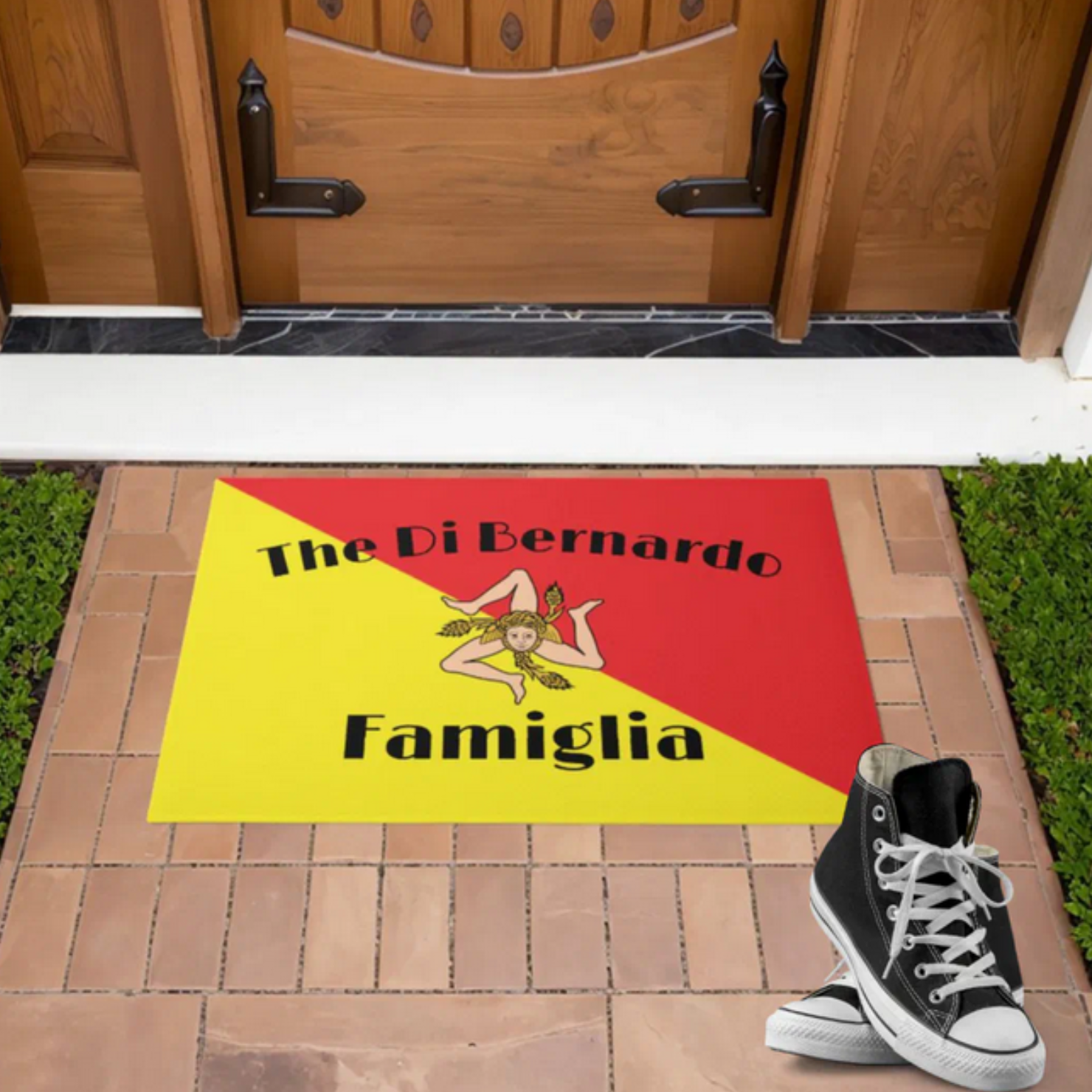 Custom family name Flag of Sicily welcome mat, housewarming gift for Sicilian family.