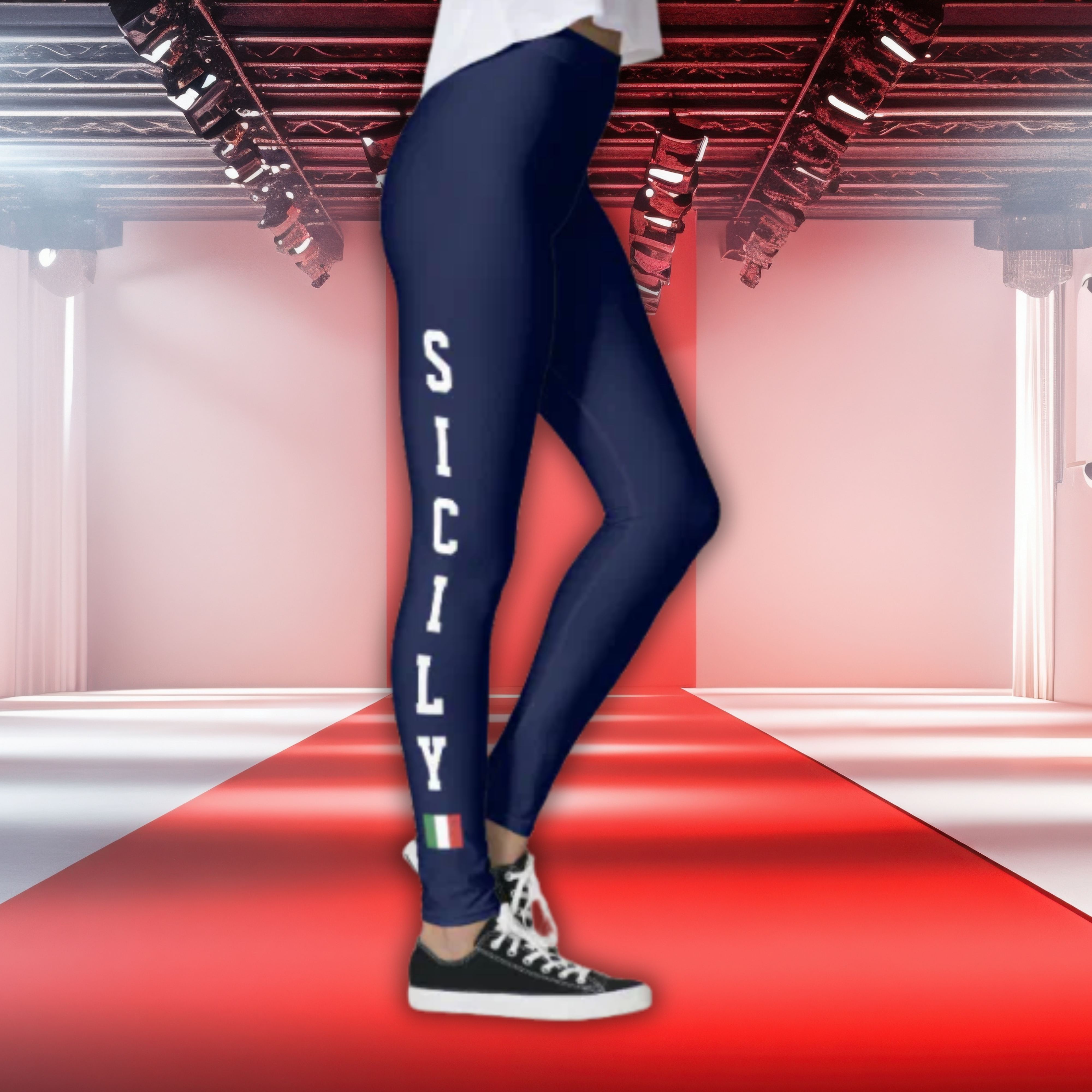 Navy leggings with white athletic SICILY text vertically and small Italian flag at ankle. Sicilian heritage gift for her, birthday gift, Christmas gift, activewear gift, workout gift.
