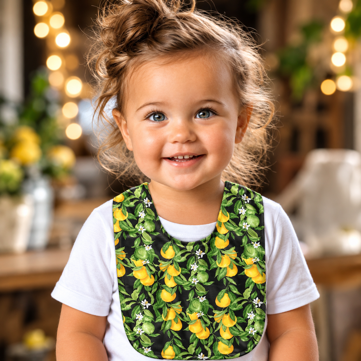 Smiling toddler girl wearing a colorful Sicilian lemon-print baby bib with yellow lemons, green leaves, and white blossoms on a black background.