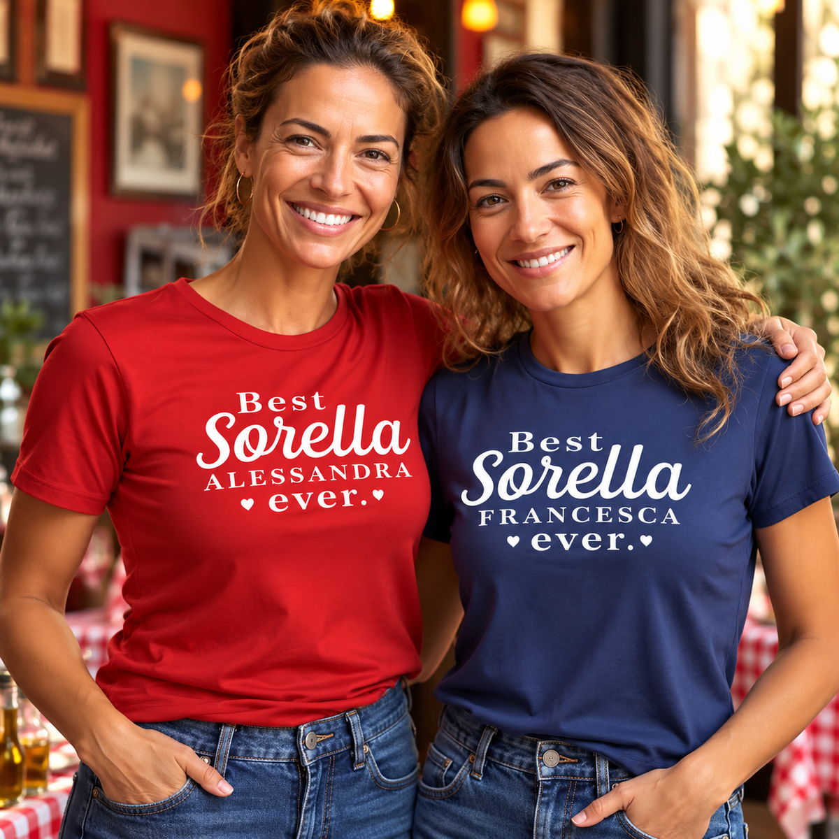 Personalized Best Sorella Ever Italian sister T-shirts in red and navy, featuring custom names Alessandra and Francesca. Matching Italian sister gifts for birthdays, Christmas, family reunions and celebrating Italian heritage.