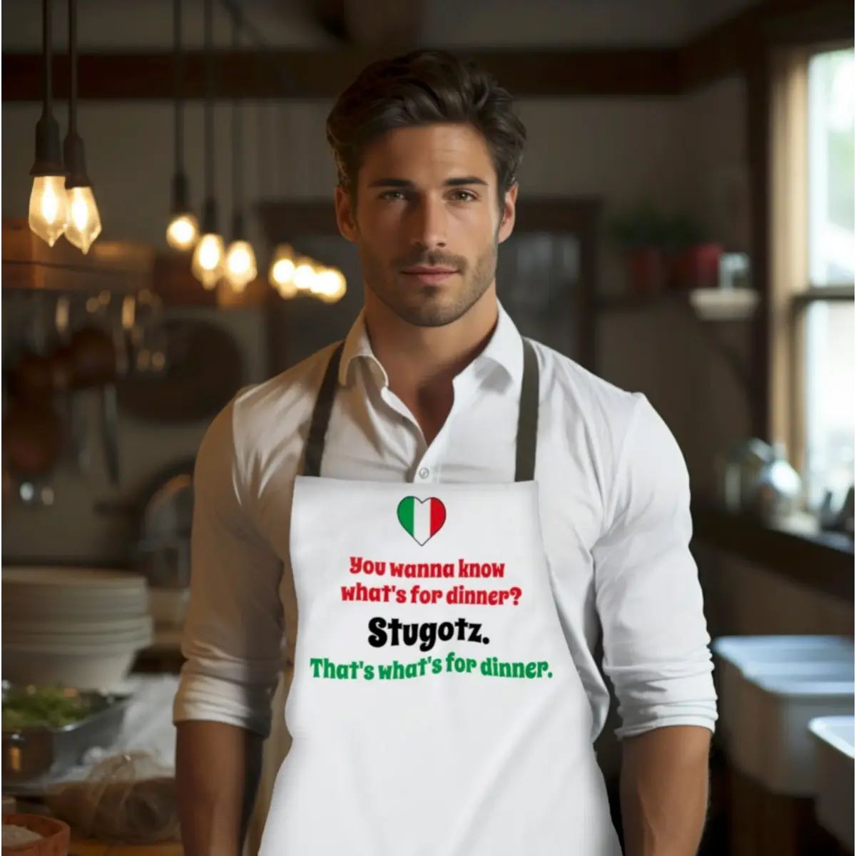 Funny Italian and Sicilian Heritage Apron with sarcastic 'Wanna know what's for dinner? Stugots. That's what's for dinner.' Gift for him, gift for her, housewarming gift.