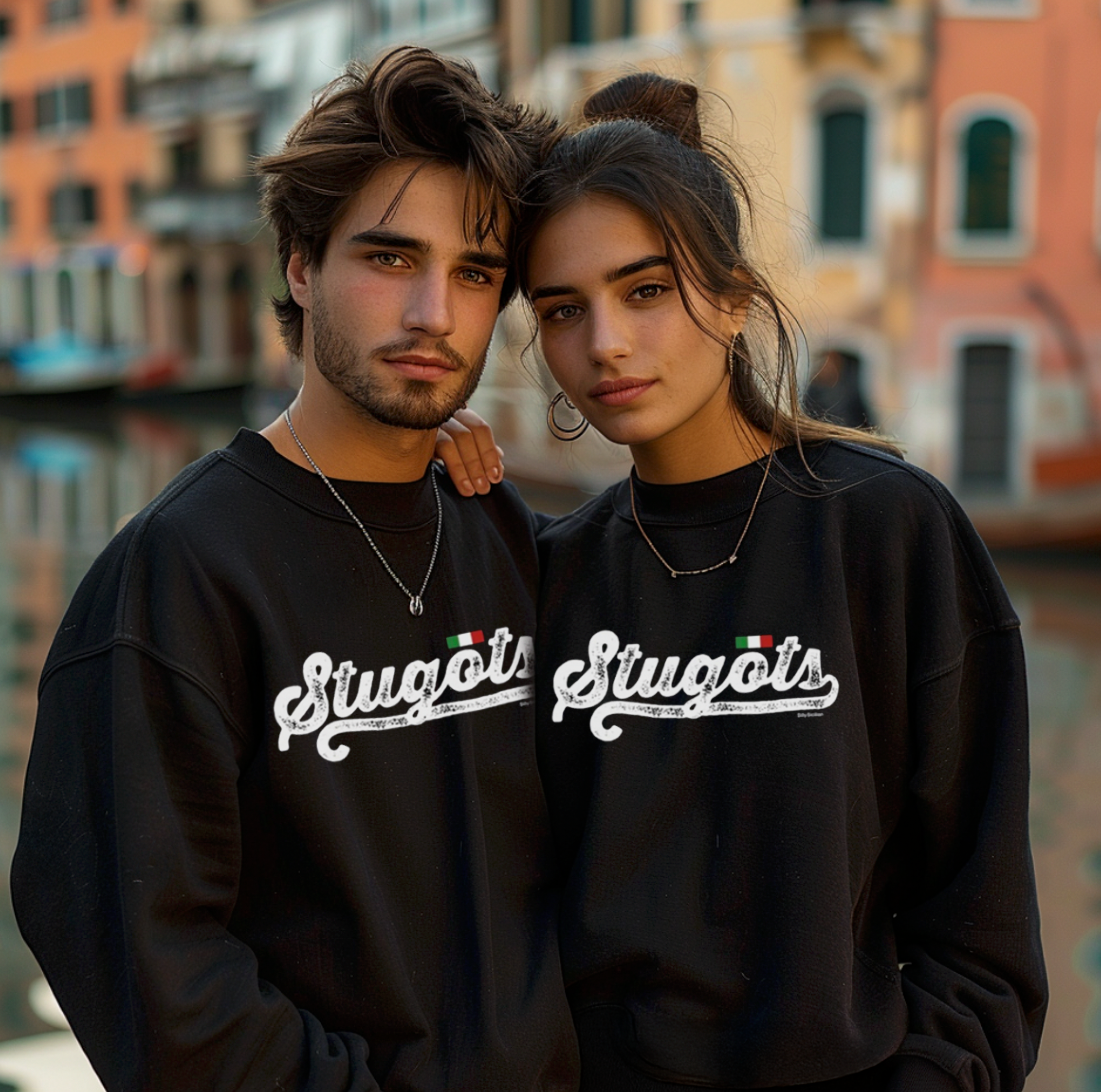 Stugots Vintage Script Sweatshirt with Italian flag; funny edgy Italian Sicilian slang word gift for him, gift for her, Christmas gift. Check out the sweatshirt collection of heritage designs at Italian Sicilian Gifts.