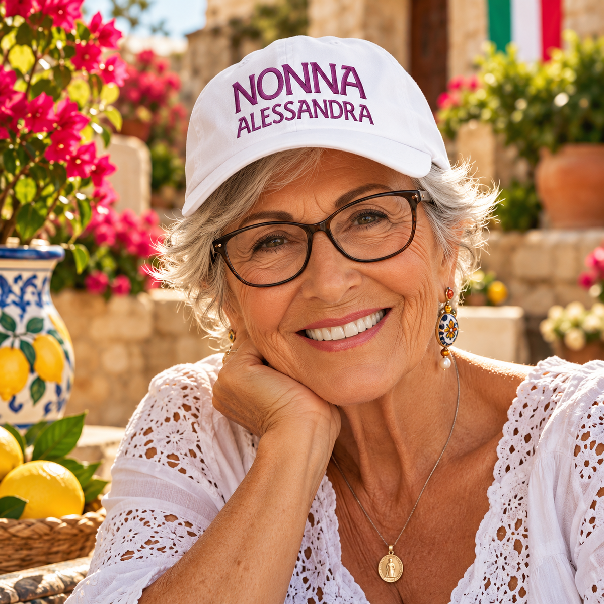 Personalized Nonna baseball cap with custom name embroidery, worn by Italian grandmother. Italian heritage gift for Nonna, Mother's Day or birthdays.