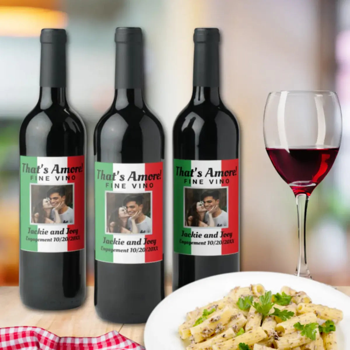 Three wine bottles with personalized labels featuring custom photo names message and date with Italian flag background - Italian engagement anniversary wedding table decor
