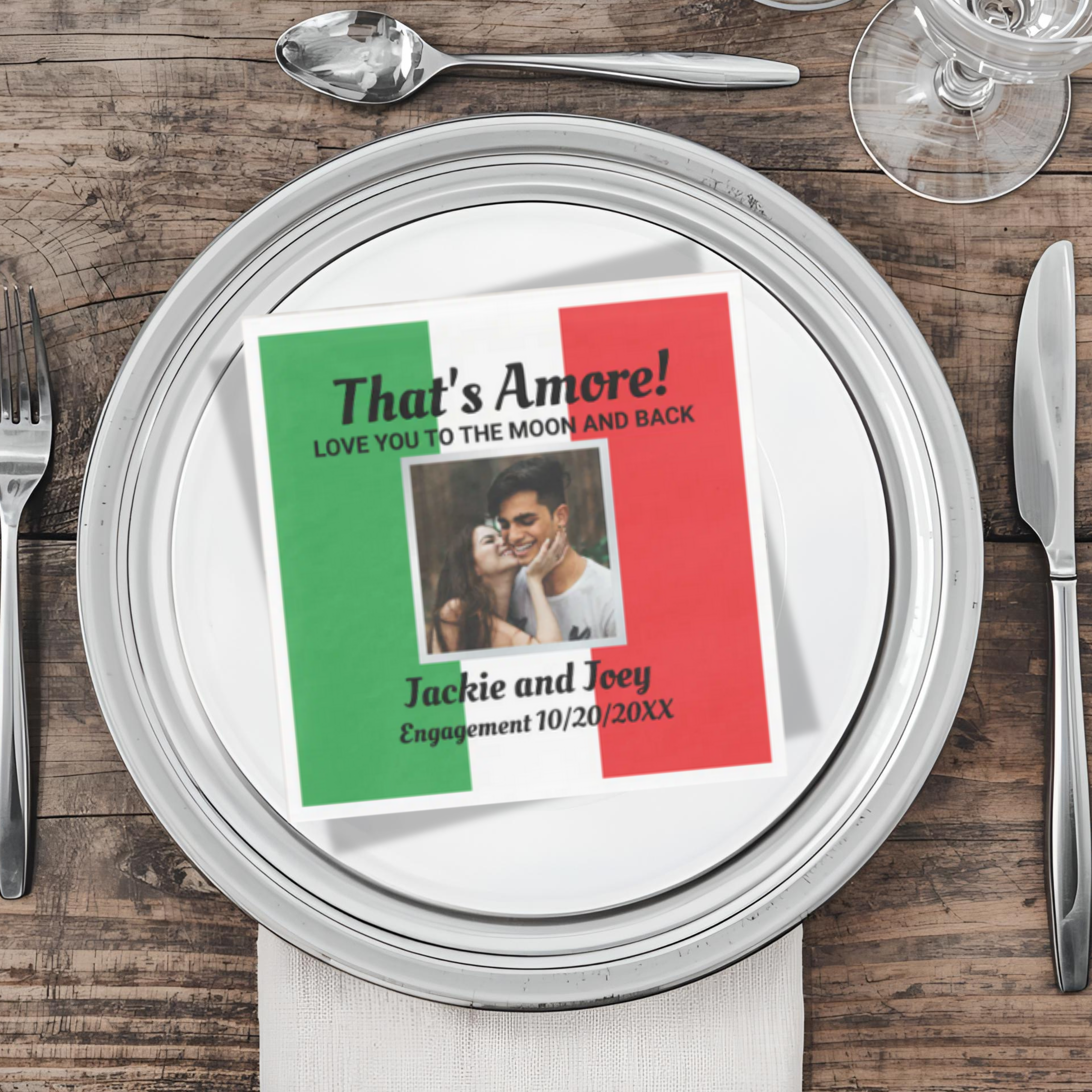 That's Amore napkin with Italian Flag, custom photo, personalized wording, couples names and date. Romantic Italian heritage gift for engagement parties, weddings, anniversary celebrations, and vow renewals.