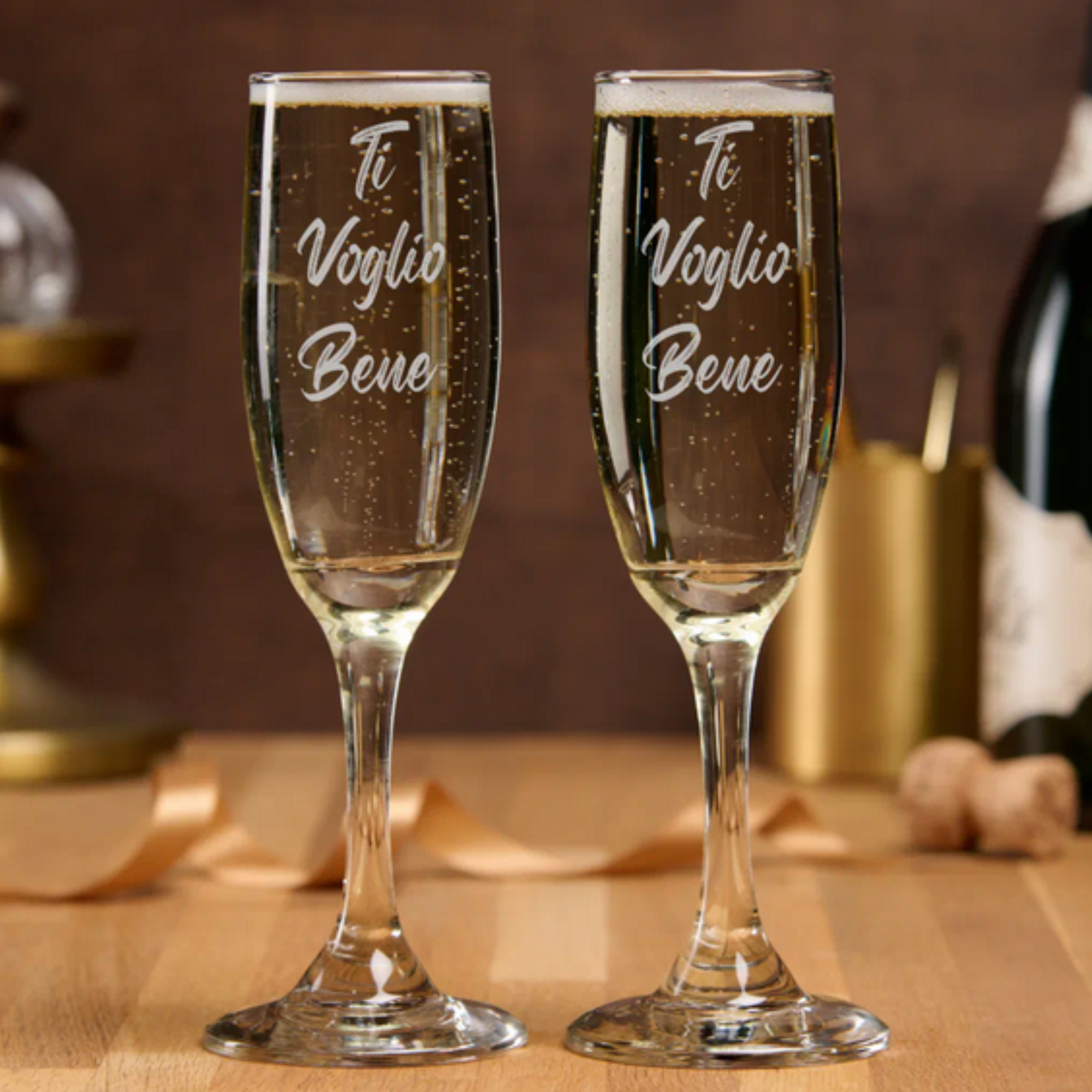Etched champagne flute with Ti Voglio Bene (I love you) in script. Italian and Sicilian heritage gift, Italian champagne glass, romantic Italian gift, Italian wedding gift, anniversary gift, Italian American gift, gift for Italian family, Italian celebration glassware.