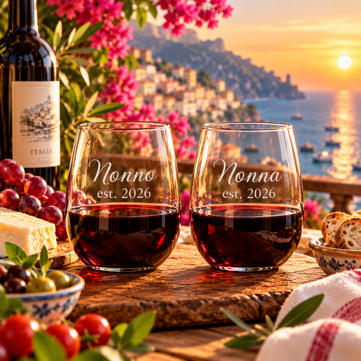 Personalized Nonno and Nonna Stemless Wine Glasses with Custom Established Year – Italian Grandparent Gift